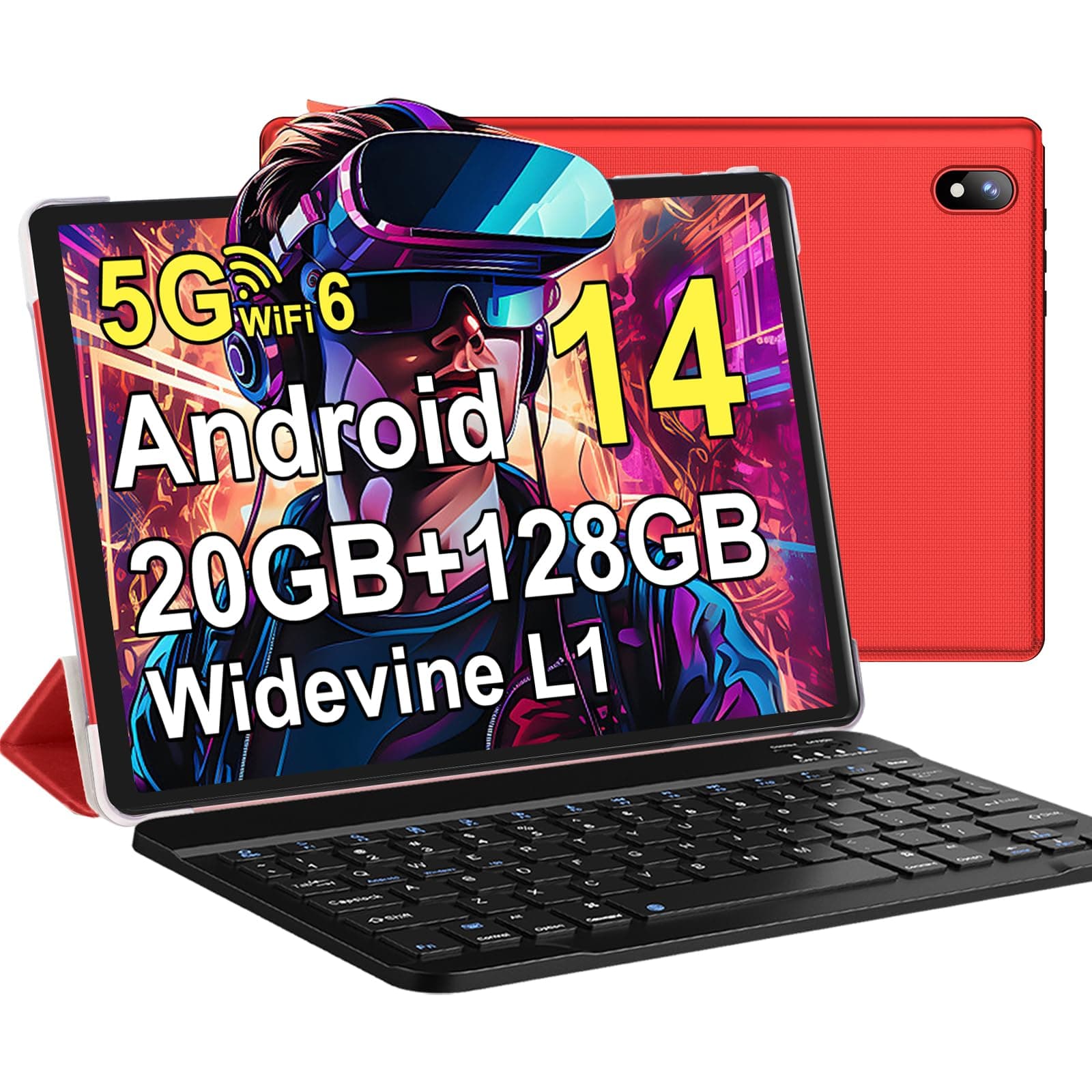 Android 14 Tablet, 128GB+20GB/1TB Expandable, 10.1 Inch Tablets with WiFi 6, Octa-Core, Bluetooth 5.0, Dual 5MP+8MP Camera, Android Tablet with Keyboard Mouse - Red