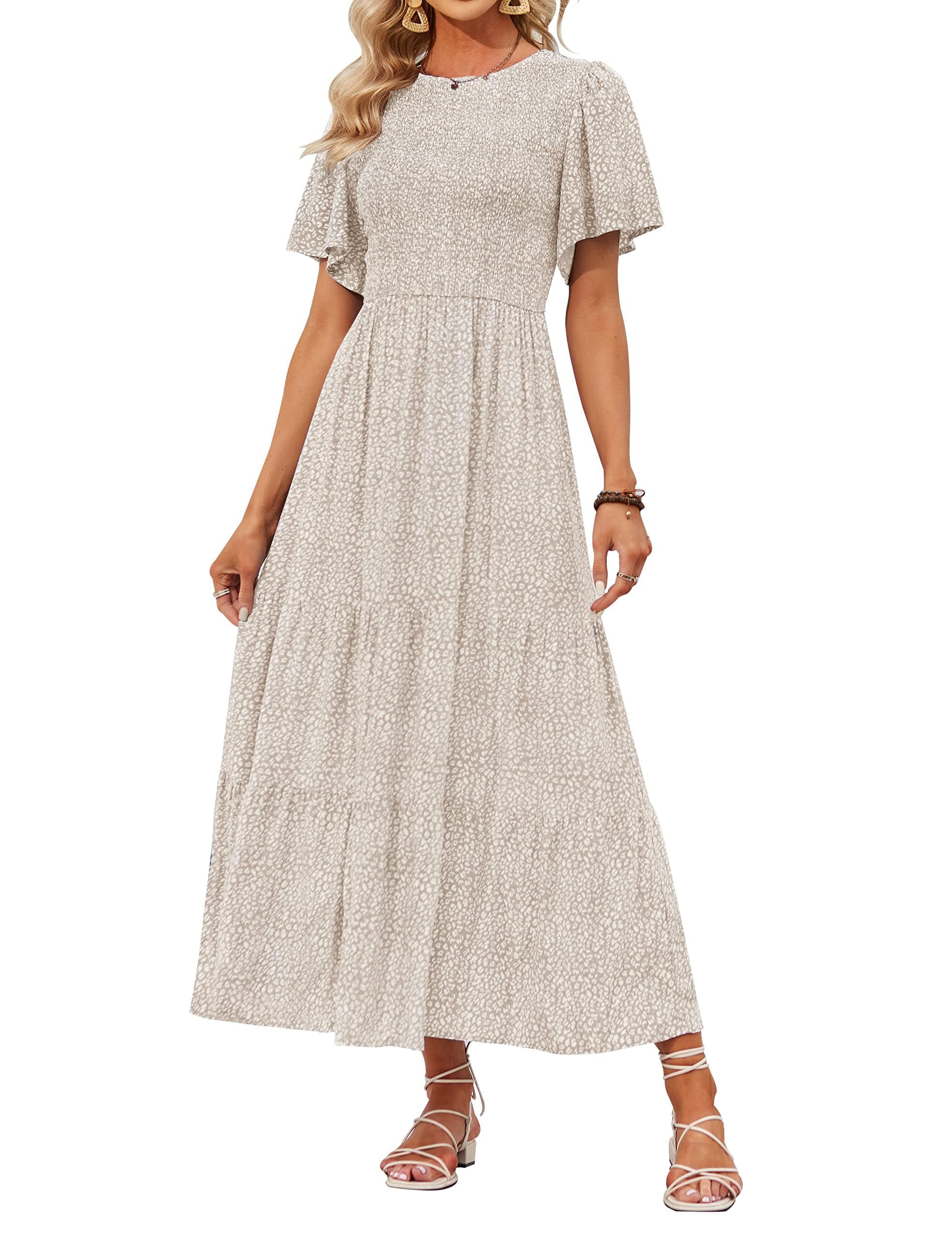 Women's 2026 Spring Boho Floral Maxi Dresses Casual Short Flutter Sleeve Smocked Tiered Flowy Summer Dress
