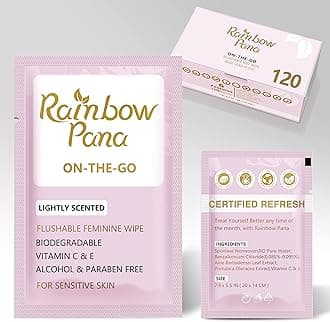 RainbowPana Feminine Wipes, 120 Count ON-THE-GO Individually Wrapped | Flushable Wipes, Travel Wipes for Women, Pre/Post-Intimacy Cleansing | Aloe, Portulaca, Vitamin E | pH Balanced, Biodegradable