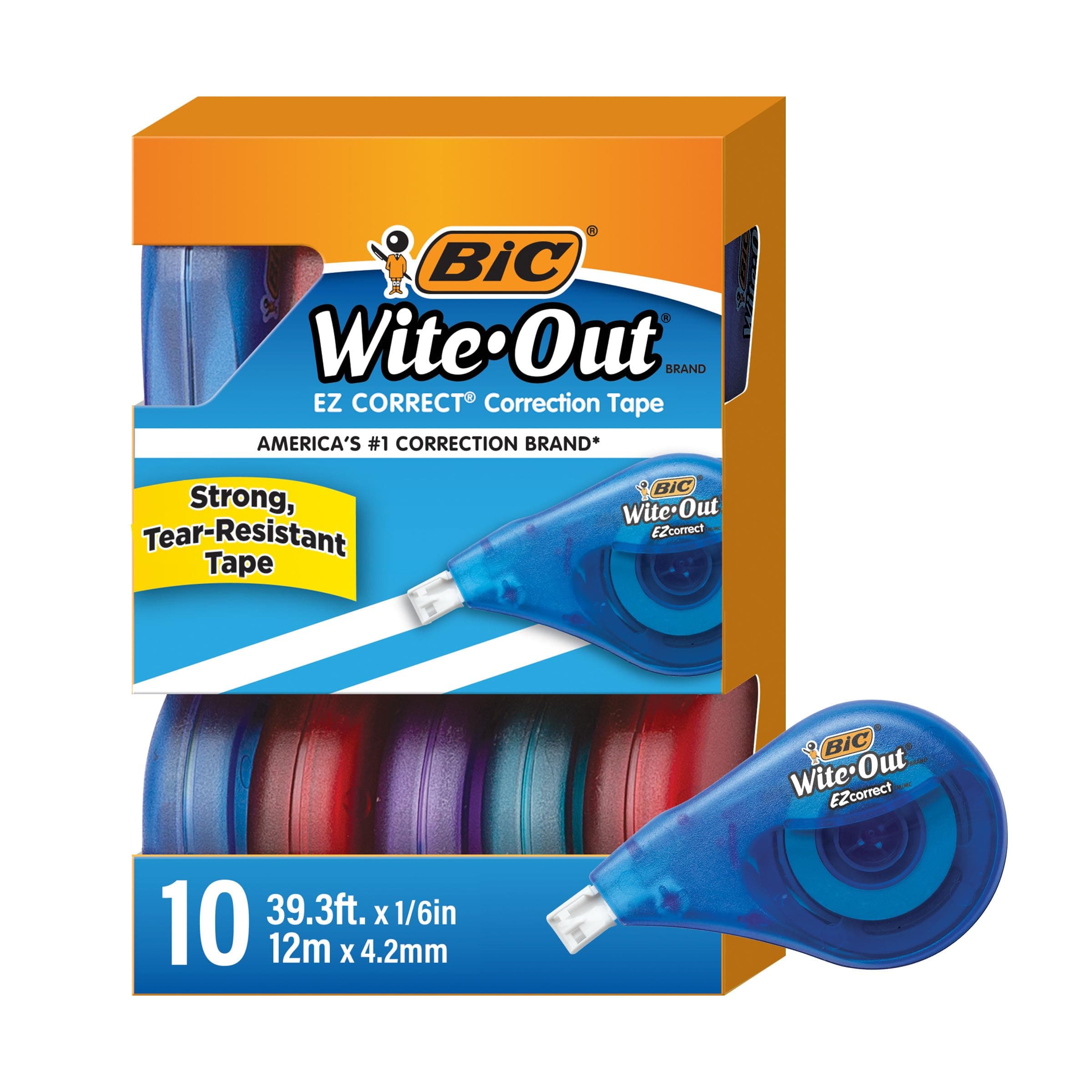 BIC Wite-Out Brand EZ Correct Correction Tape, White, 10-Count, Translucent Dispenser Shows How Much Tape is Remaining