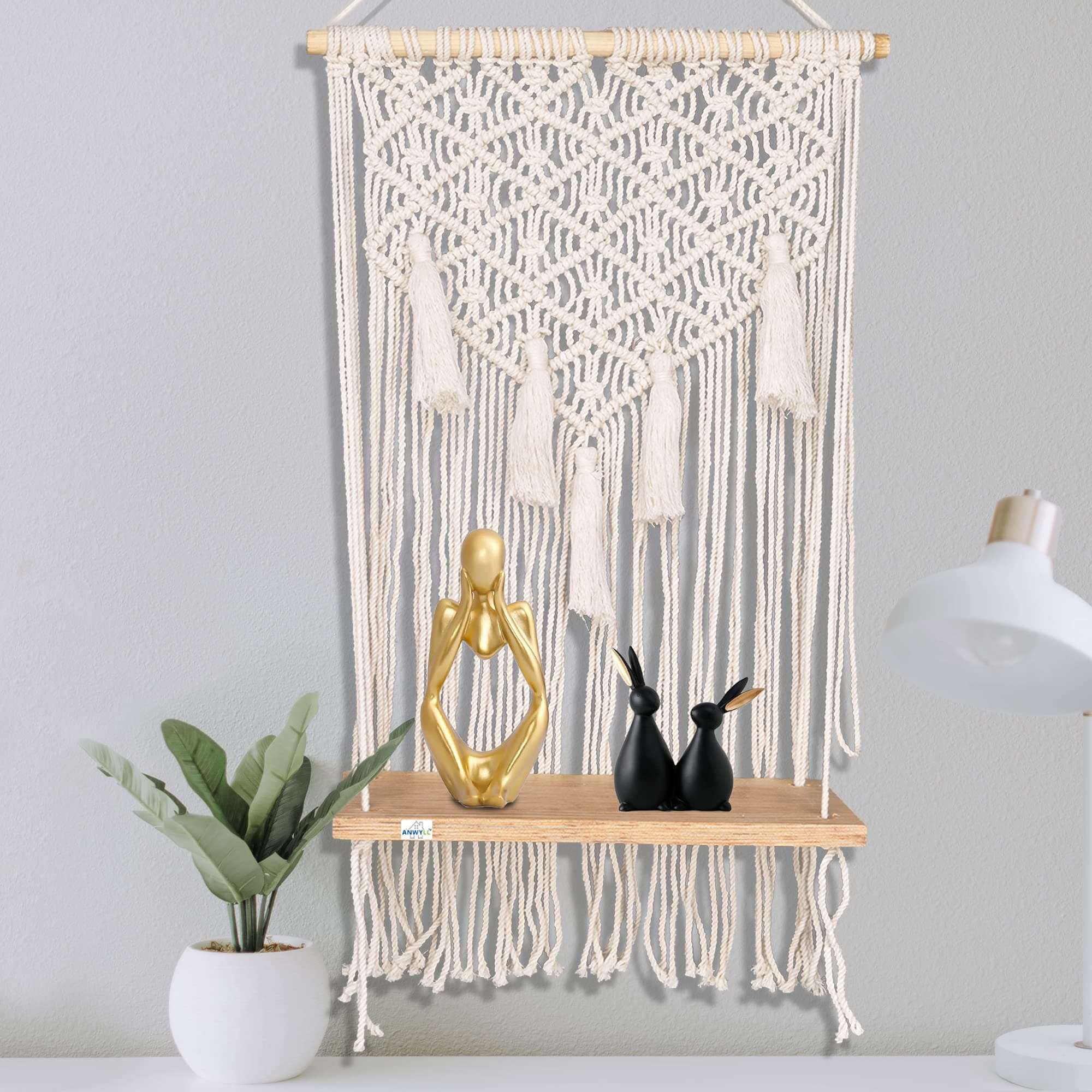 ANWYLL Macrame Wall Hanging Decor Shelf | Macrame Plant Hanger | Indoor Boho Wall Decor for Bedroom | Wood Hanging Shelf Organizer | Home Wall Decor for Living Room, Nursery, Party Decoration 12"x25"