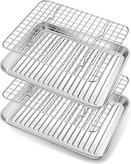E-far Small Stainless Steel Baking Sheet, Toaster Oven Tray with Rack Set, Metal Textured Broiling Pan with Wire Rack for Cooking/Cooling/Bacon/Cookies/Steak - Dishwasher Safe