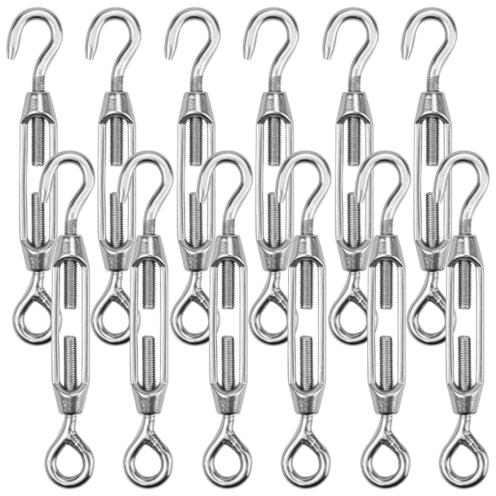 Hedume 12 Pack M4 Hook & Eye Turnbuckle for Cable Wire Rope Tension, 304 Stainless Steel Heavy Duty Wire Rope Tension for DIY String Light Picture Hanging, Garden Wire, Fence Gate Wire, Tent Rope