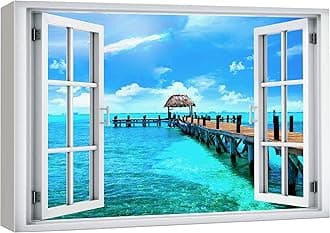wall26 Canvas Print Wall Art Window View Tropical Island Beach Pier Hawaii Tahiti Wilderness Nature Photography Realism Scenic Landscape Colorful Multicolor for Living Room, Bedroom, Office - 16"x24"