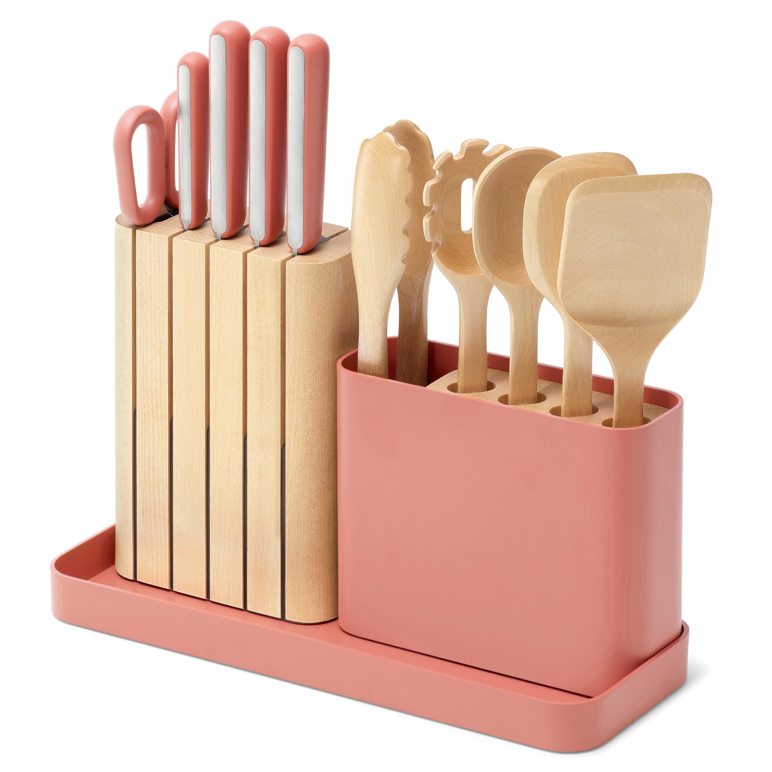 Caraway 14-Piece Kitchen Prep Set - Kitchen Knife Set & Wooden Utensil Set - Made With Premium German Steel Blades & FSC-Certified Birch Wood - Non-Toxic Materials - Includes Organizer - Perracotta