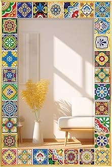Little kuku Mosaic Mirror 24x36inch Vintage Style Wall Mirror, Handmade Glass Tiles Moroccan Mirror for Home Decor, Boho Chic Accent Mirror for Living Room,Bathroom,Vanity, Pattern 1