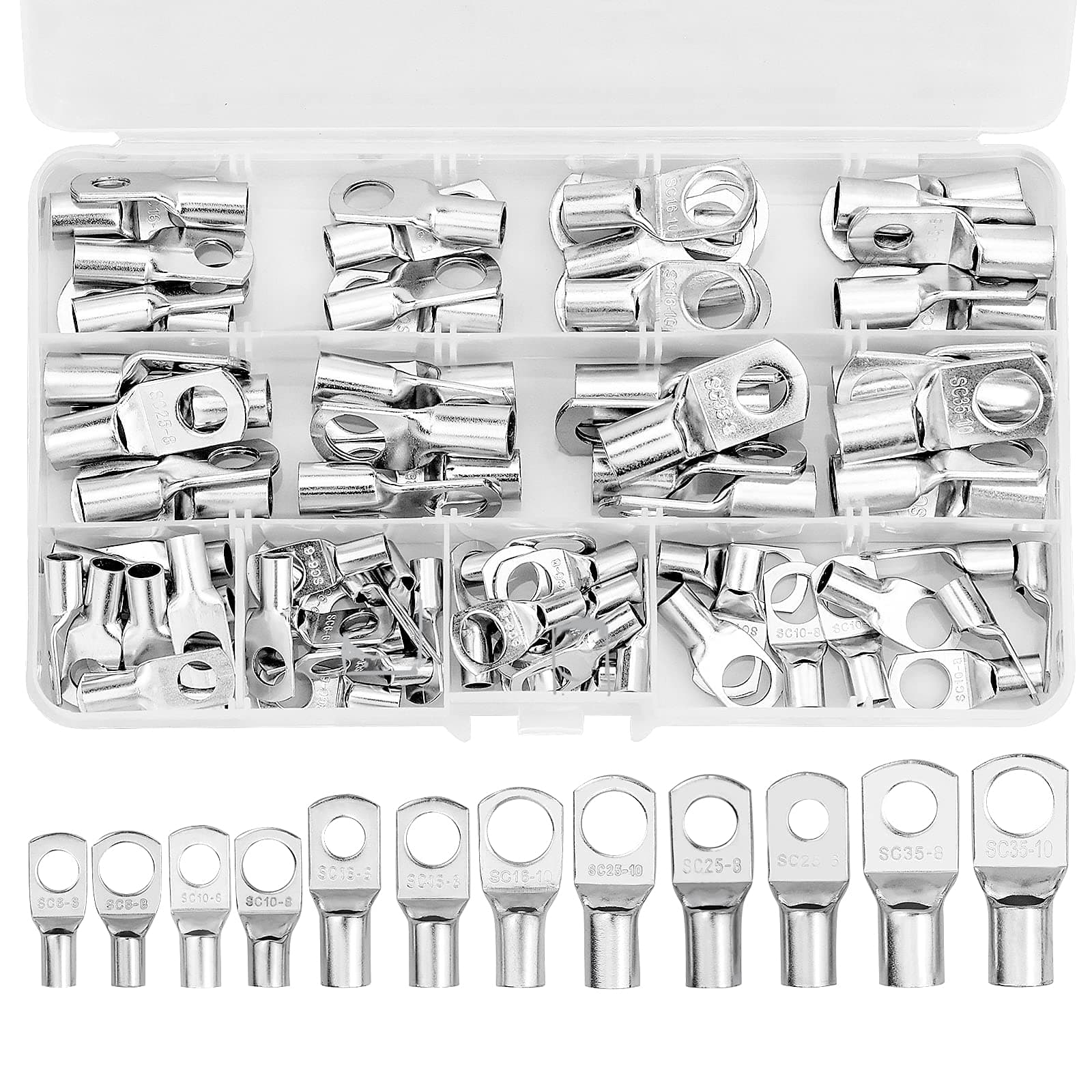 80pcs Cable Lugs Crimp Terminals Battery Crimp Lugs Copper Bolt Hole 6 mm² 10 mm² 16 mm²25 mm²35 mm² - M6 M8 M10