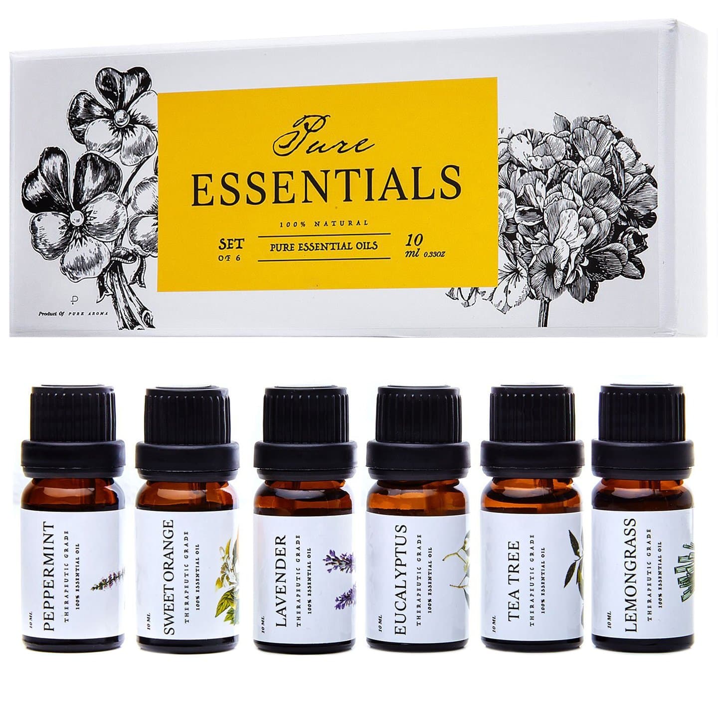 Essential Oils by Pure Essentials 100% Pure Therapeutic Grade Oils - Top 6 Aromatherapy Oils Gift Set-6 Pack, 10ML(Eucalyptus, Lavender, Lemon Grass, Orange, Peppermint, Tea Tree)