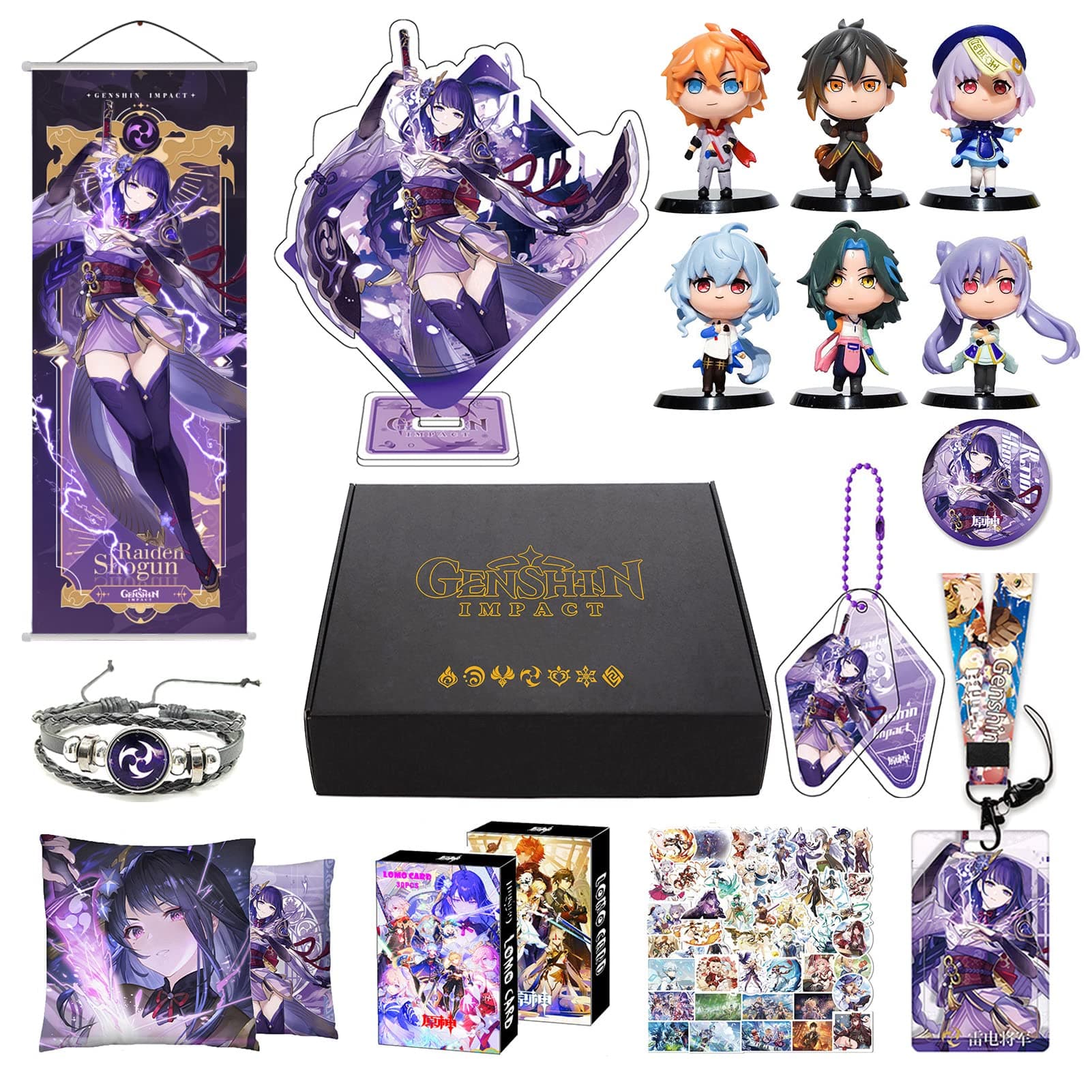 MOTAOGenshin Impact Box Set - Including 6 Figures, Poster, Pillowcase, Stand Figure, Bracelet, Badge, Keychain, Card Cover, 30 Lomo Cards, 50 Stickers (Raiden Shogun)