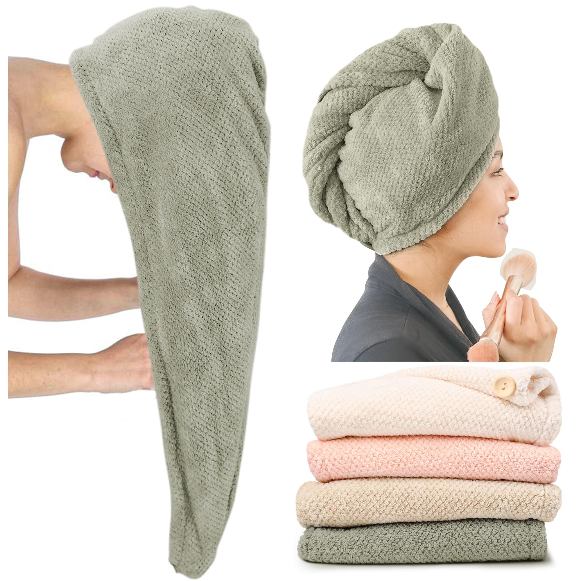 Extra Large 4 Pack Microfiber Hair Towel Wrap for Women Super Absorbent & Quick Dry Hair Drying Towels with Button, Hair Turbans for Curly Hair Long & Short Hair - Anti-Frizz (green pinstripe)