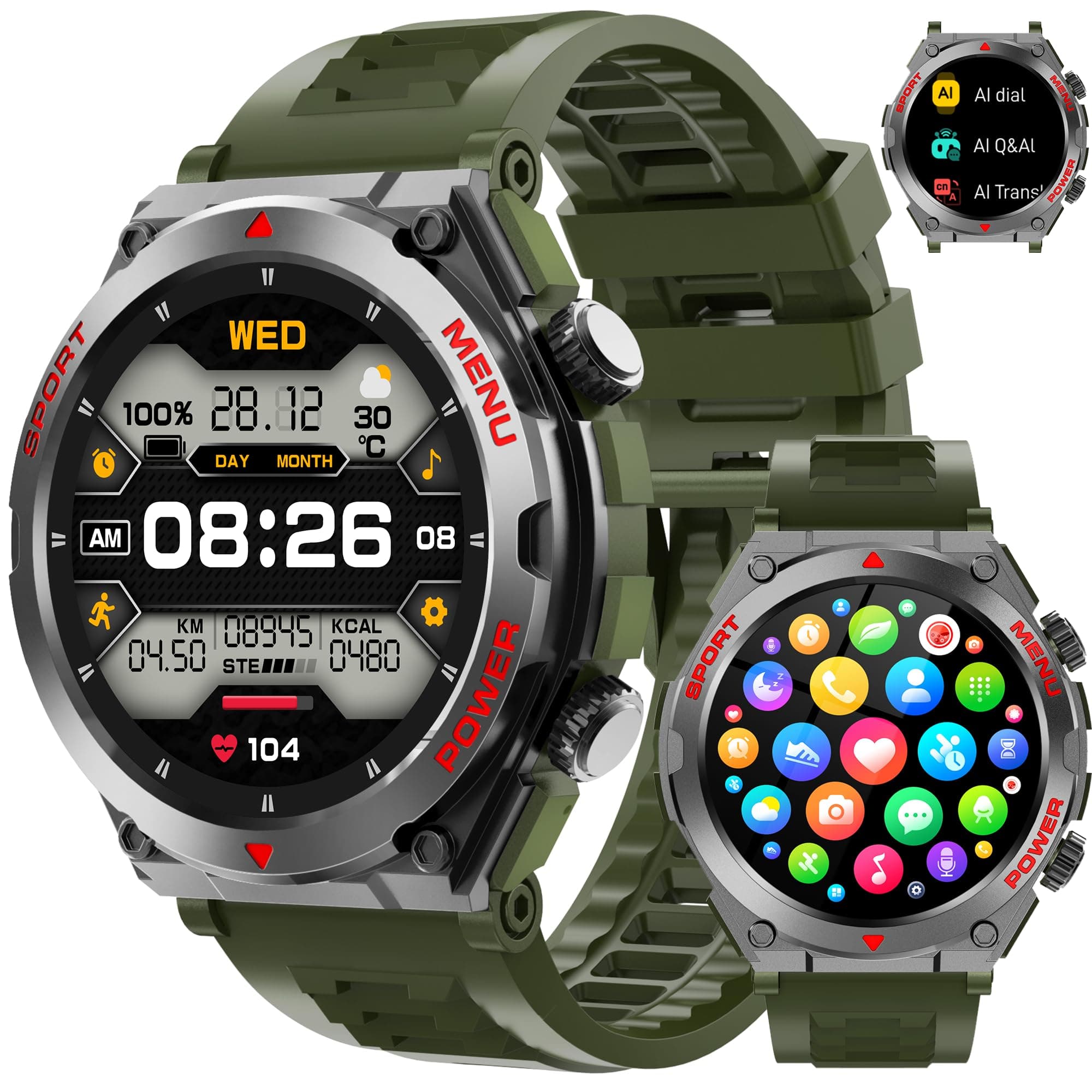 Military Smart Watch for Men With AI Q&A (Answer/Make Call/SMS Reply), 1.52" HD Smartwatch for Android Phones/iPhone, 100+ Sport Mode Fitness Tracker with HR, SpO2, Sleep Monitor, IP68 Waterproof