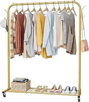 Clothes Rail, Portable Clothes Rack with Hook and Metal Storage Shelf, Heavy Duty Clothes Rail on Wheels, Clothing Rail Clothes Rails for Bedroom, Hanging Rails for Clothes, Holds up to 40 kg, Golden