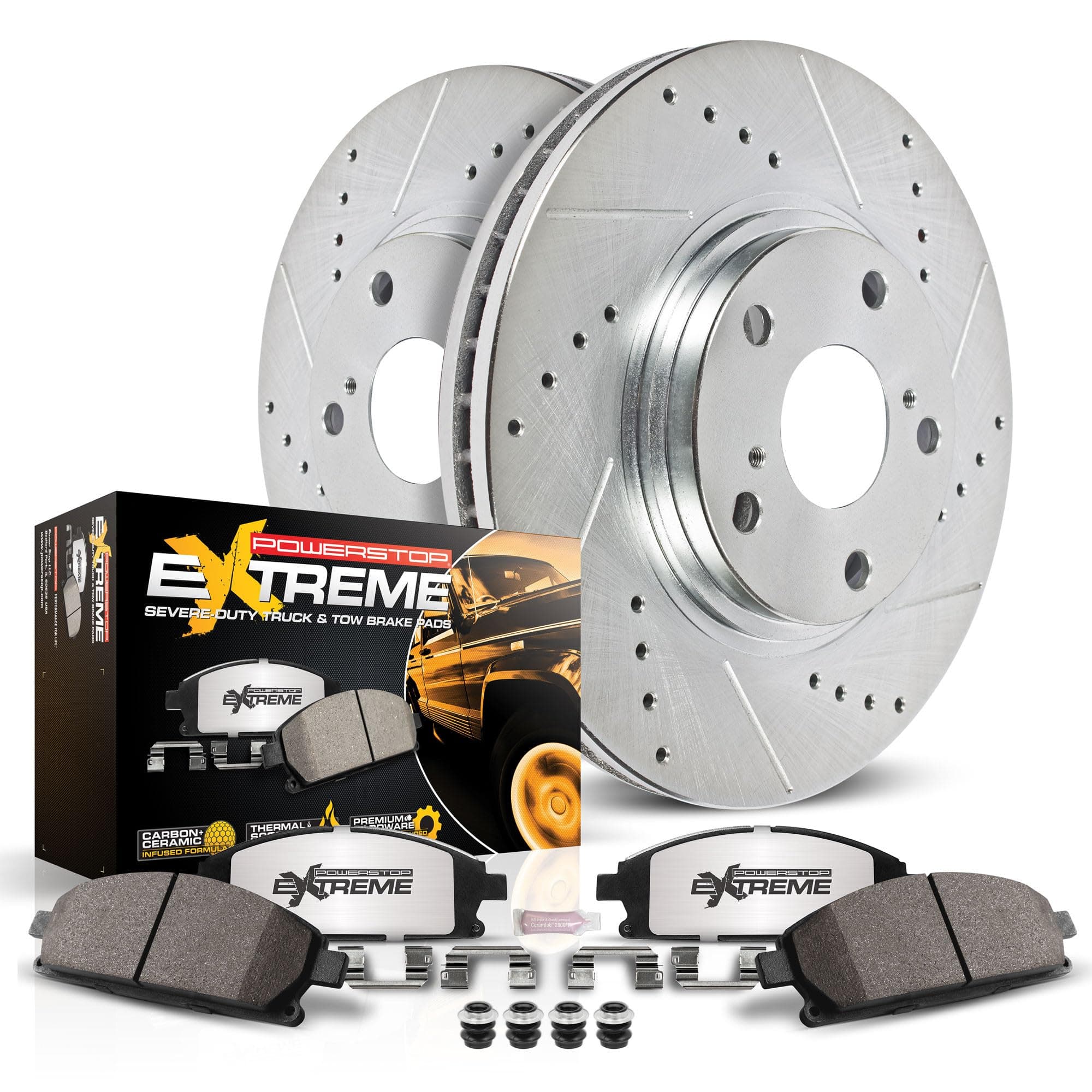 Power Stop Brake Kit For 2007-2009 Chrysler Aspen, 2004-2009 Dodge Durango, 2002-2010 Ram 1500 - Rear Z36 Truck & Tow Carbon Fiber Ceramic Brake Pads and Drilled and Slotted Rotors Replacement