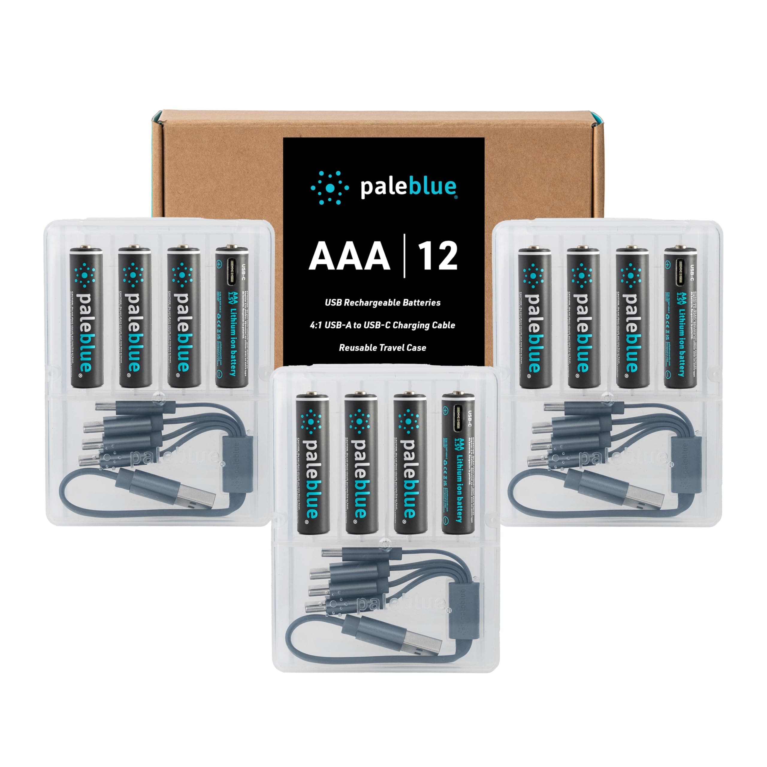 paleblue USB Rechargeable AAA Lithium Batteries, 1 Hour Charge Time, Recharge Over 1000 Times, 600 mAh, 4-in-1 USB-A to USB-C Charging Cable, 12 Pack