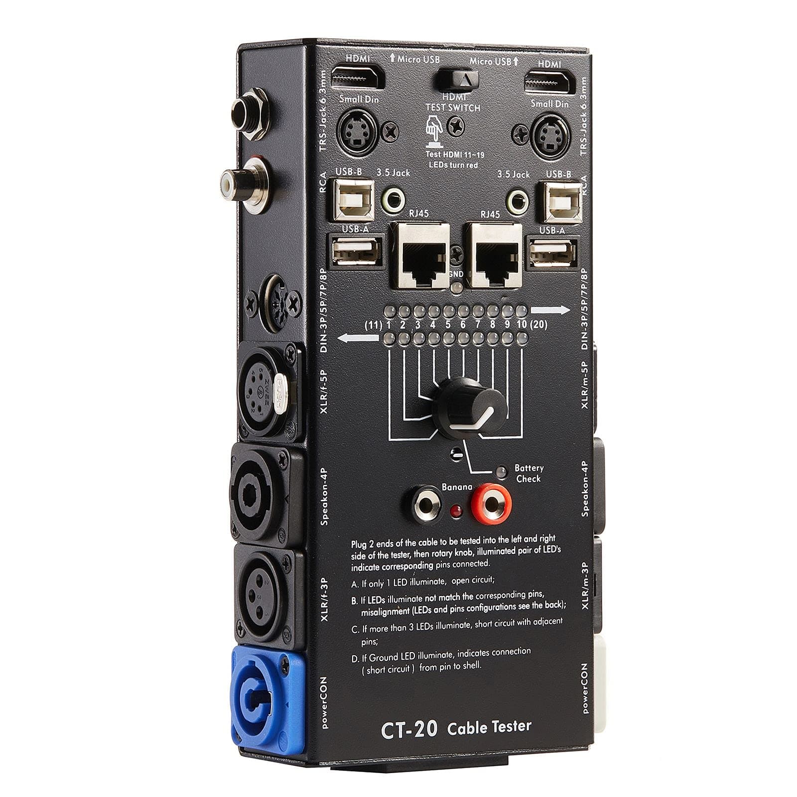 15-Plug Audio Cable Tester Line Finder Black 15-in-1 Cables Checker 10-Way Switch Wire Tracker with LED Indicators, Rectangular