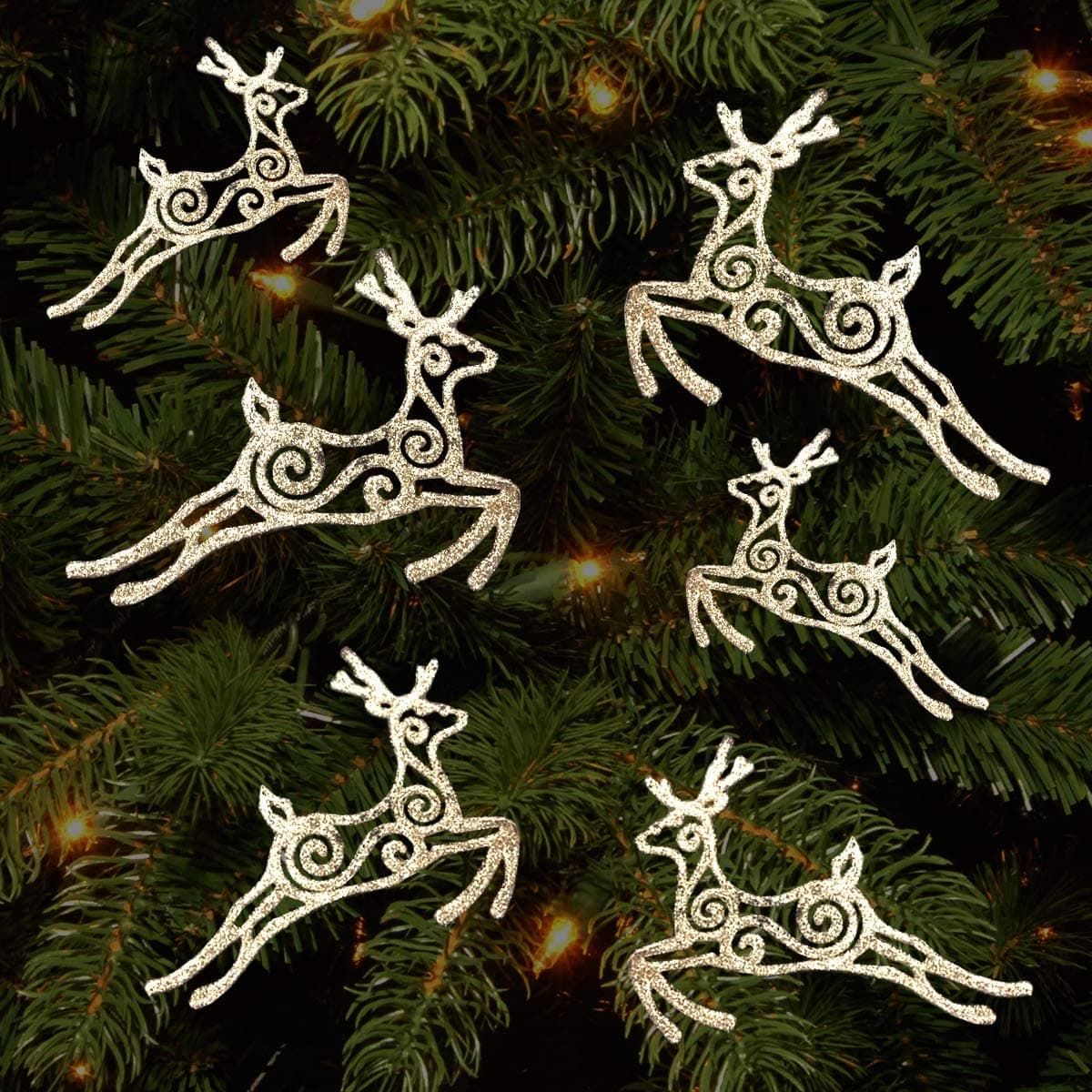 Pop The Party 6pcs Christmas Tree Gift Mini Reindeer Glitter Festive Home Holiday Hanging Xmas Baubles Party Decoration Gold