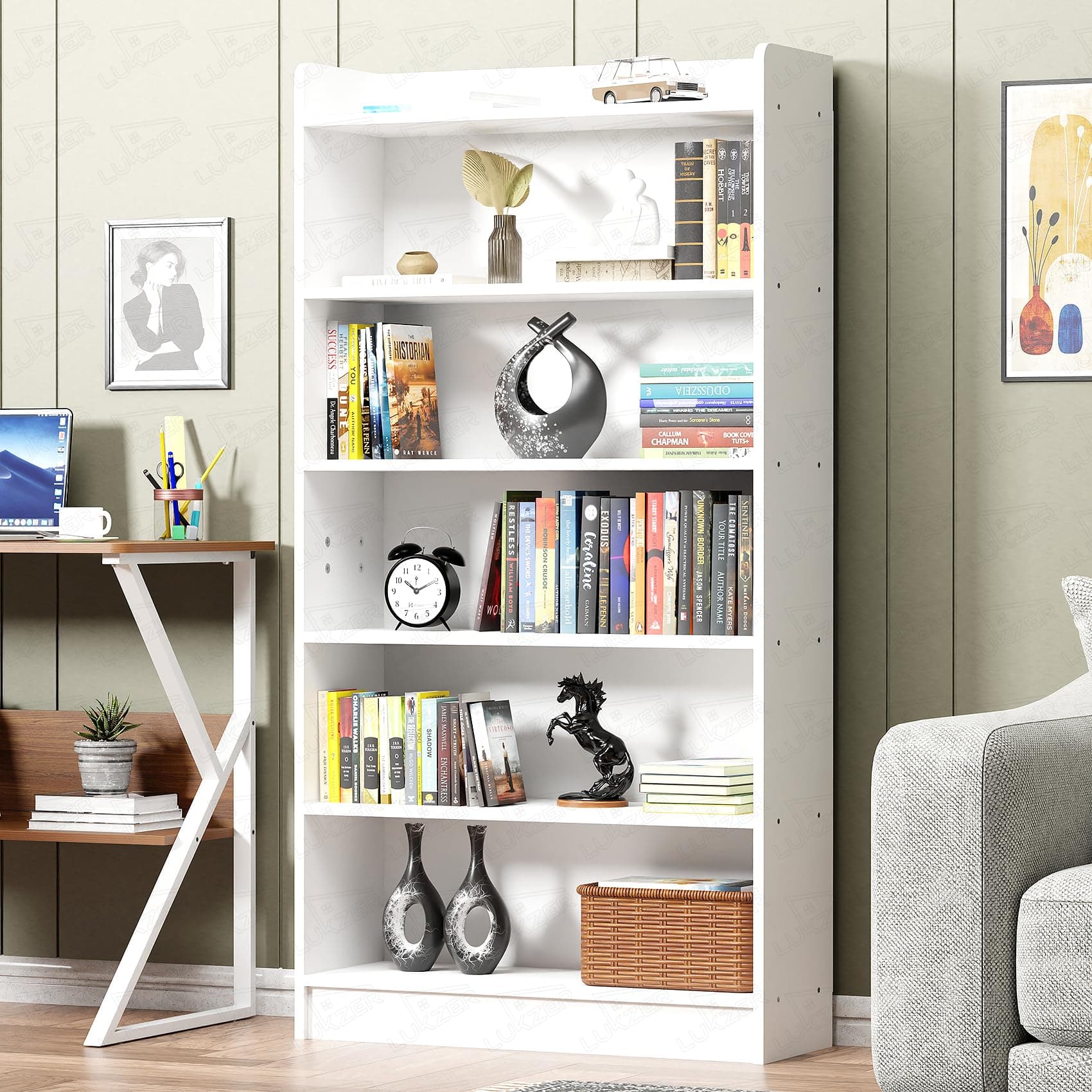 Lukzer Engineered Wood 6 Tier Bookcase Open Book Shelf Storage Cabinet (MR-007 / White / 134 x 24 x 71cm) DIY(Do It Yourself).