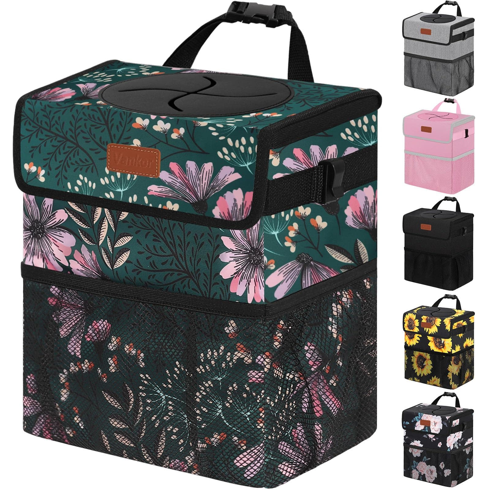 Car Trash Can for Car Cute, Bag Bin Hanging Waterproof Automotive Garbage Cans Leak Proof Vehicle Trash Can Navy Floral