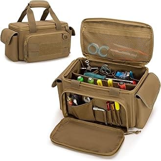 Small Tool Bag with Anti-friction and Thick Padded Bottom, Tool Storage Organizer for Men, Tactical Bag, Range Bag, Multi-functional Work Tote for Repairman, Electrician, Carpenters (Khaki)
