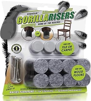 GorillaRisers CB251-8 Screw on Furniture Risers (8 Pack) Floor Protector Slider Legs Raise Furniture Height 1-1/4” to 1-1/2", Plastic & Felt Glides, 1 Inch Round Chair Risers Furniture Leg Extenders
