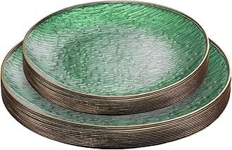 24 Pieces Elegant Plastic Plates for Party Green with Gold Rim Includes 7" inch and 10" inch Fancy Plastic Plates Disposable Dinnerware