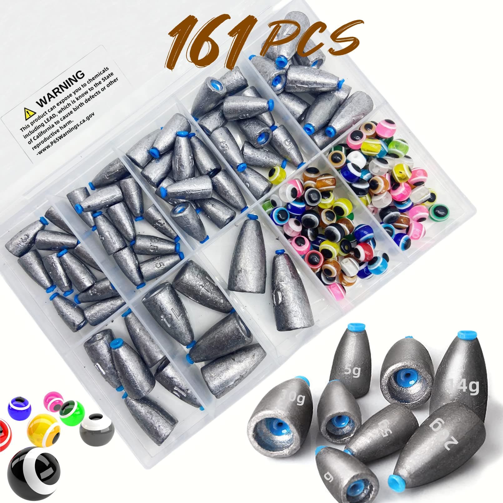 161Pcs/Box Worm Fishing Sinker Weights Kit with Soft Plastic Core（20g,14g,10g,7g,5g,3.5g Mixed, 61Pcs Bullet Lead Fishing Weights, 100 Pcs Eye Beads Bait, Don't Hurt Line Texas Rig