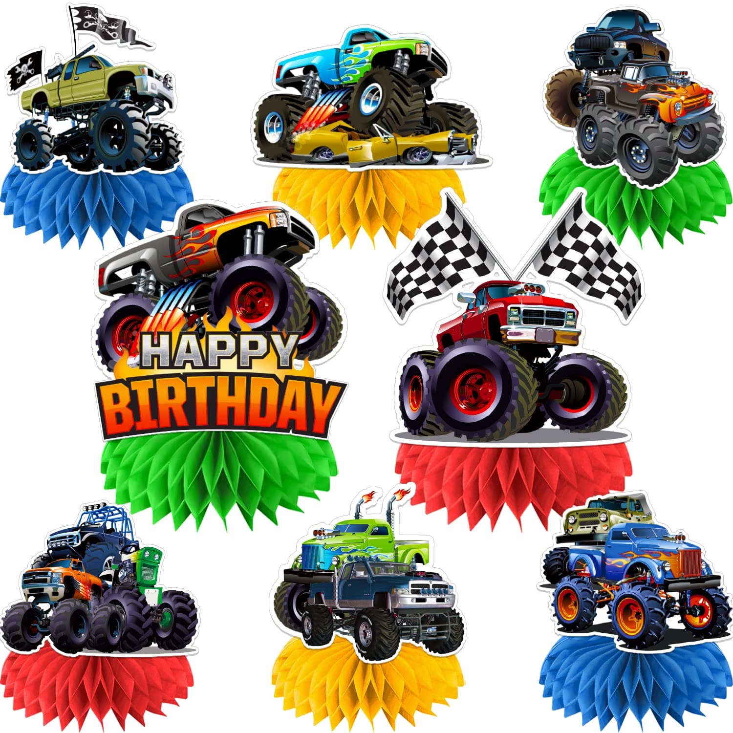 Honeycomb Centerpieces & Table Decorations - 8pcs 3D Double-sided Truck Themed for Birthday Parties