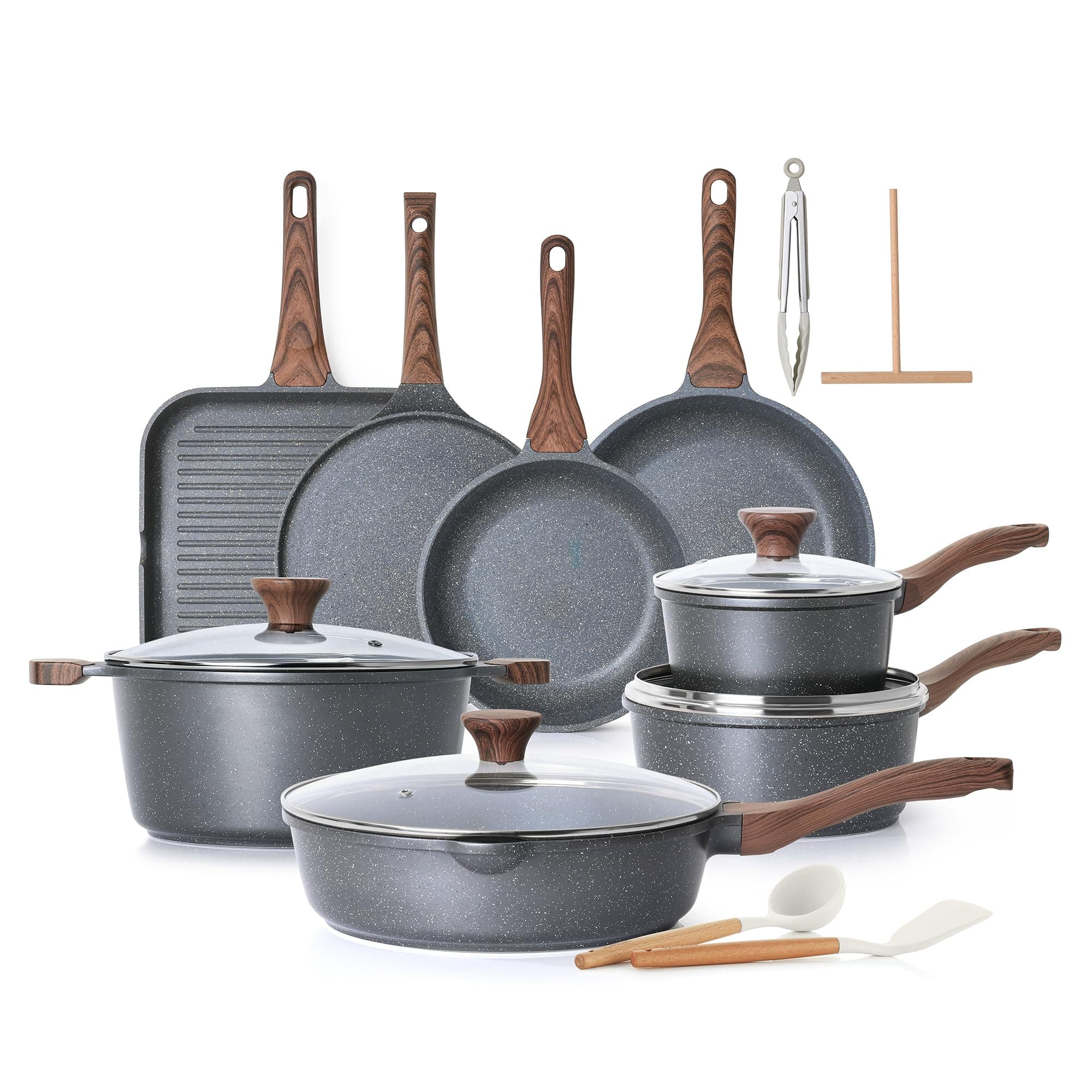 Nonstick Cookware Set 23-Piece, Non Stick Pots and Pans Set with Swiss Granite Coating, Healthy Kitchen Cooking Set, Stay-Cool Handles