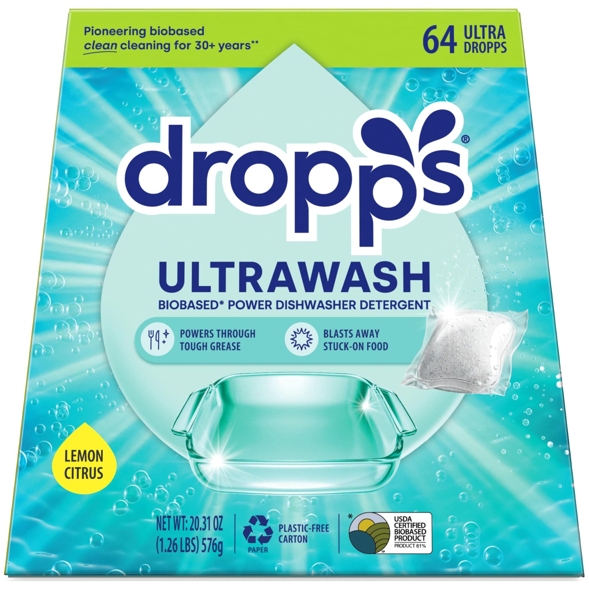 Dropps Dishwasher Detergent Pods: Lemon | 64 Count | Cuts Grease & Fights Stuck On Food | For Sparkling Glassware & Dishes | Low Waste Packaging