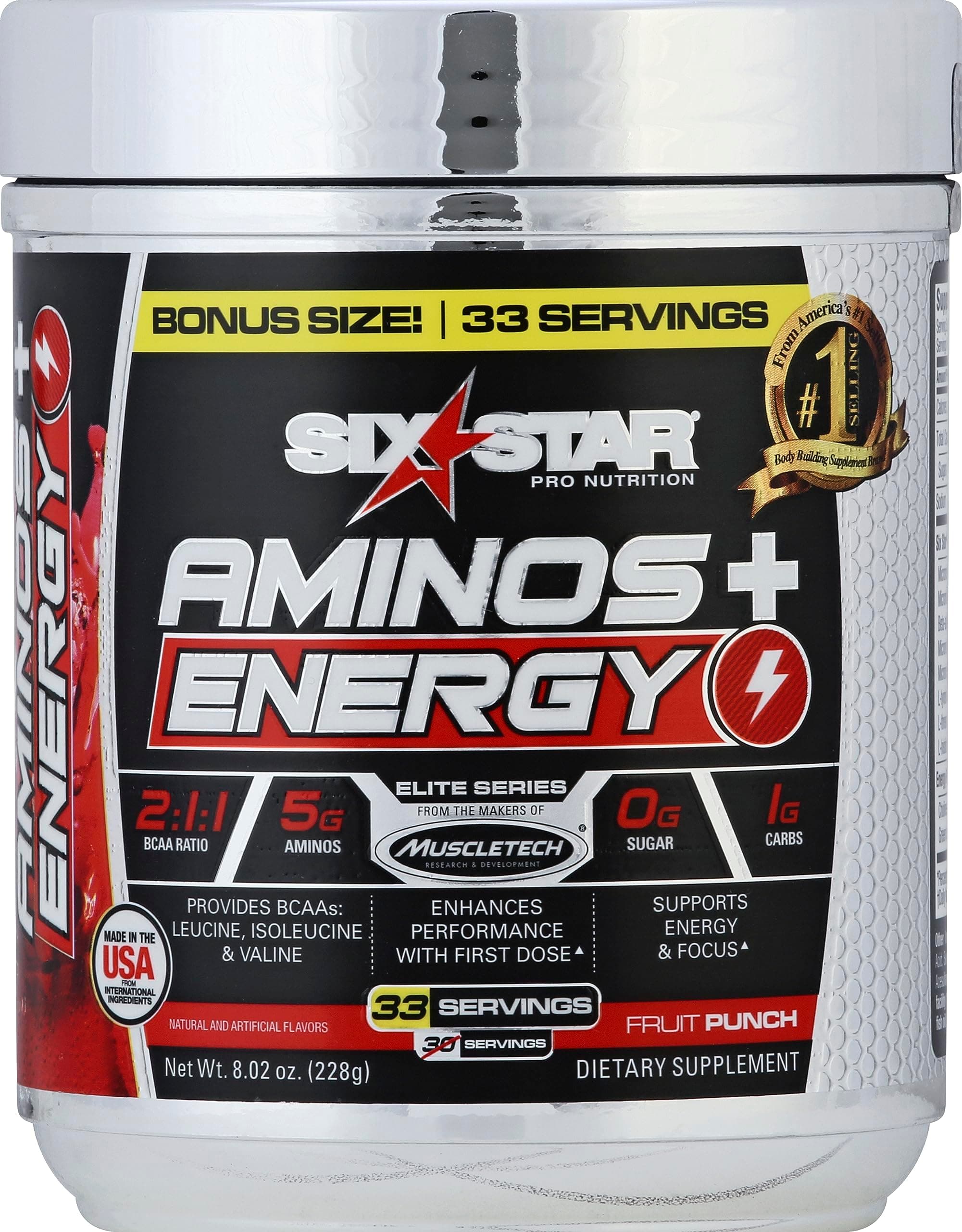 Six Star Aminos Plus Energy, BCAA Powder, Fruit Punch, 30 Servings, Natural color