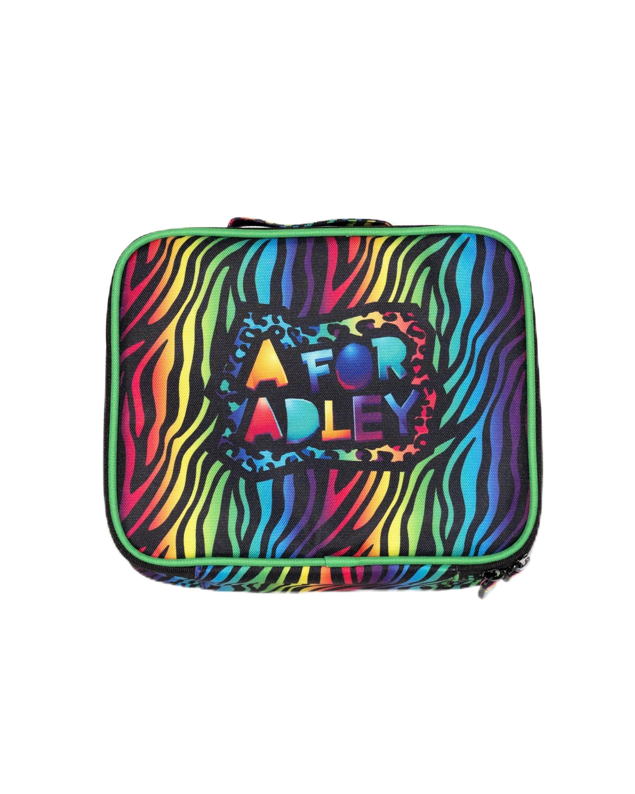 A FOR ADLEY Neon Rainbow Lunchbox. Featuring Adley's Neon Rainbow Friends on a Zebra Rainbow Printed Lunchbox