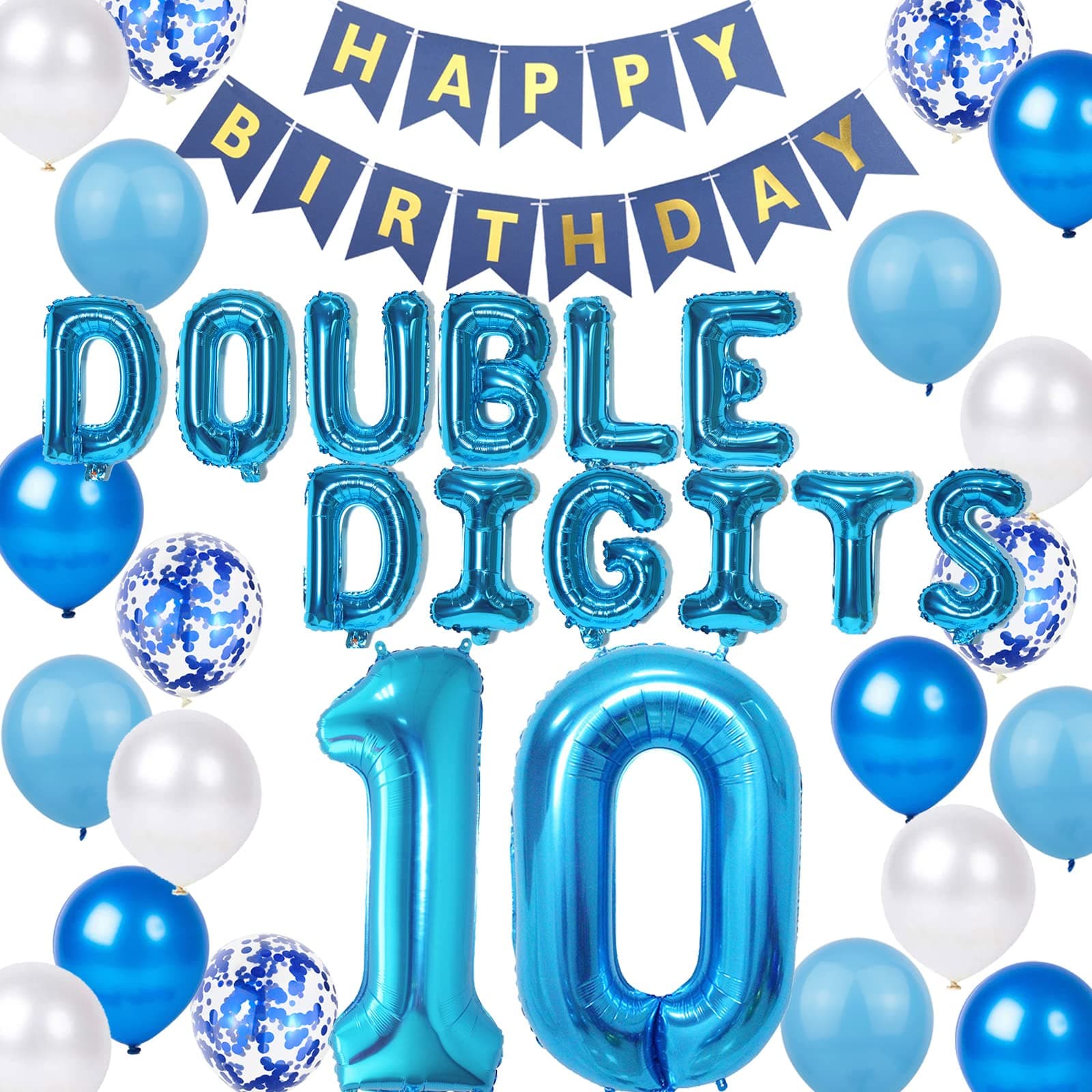 10th Birthday Decorations Blue for Boys, Double Digits 10th Birthday Decoration, Blue 10th Birthday Banner Number 10 Foil Balloons with Blue Confetti Balloons for 10 Year Old Birthday Boys
