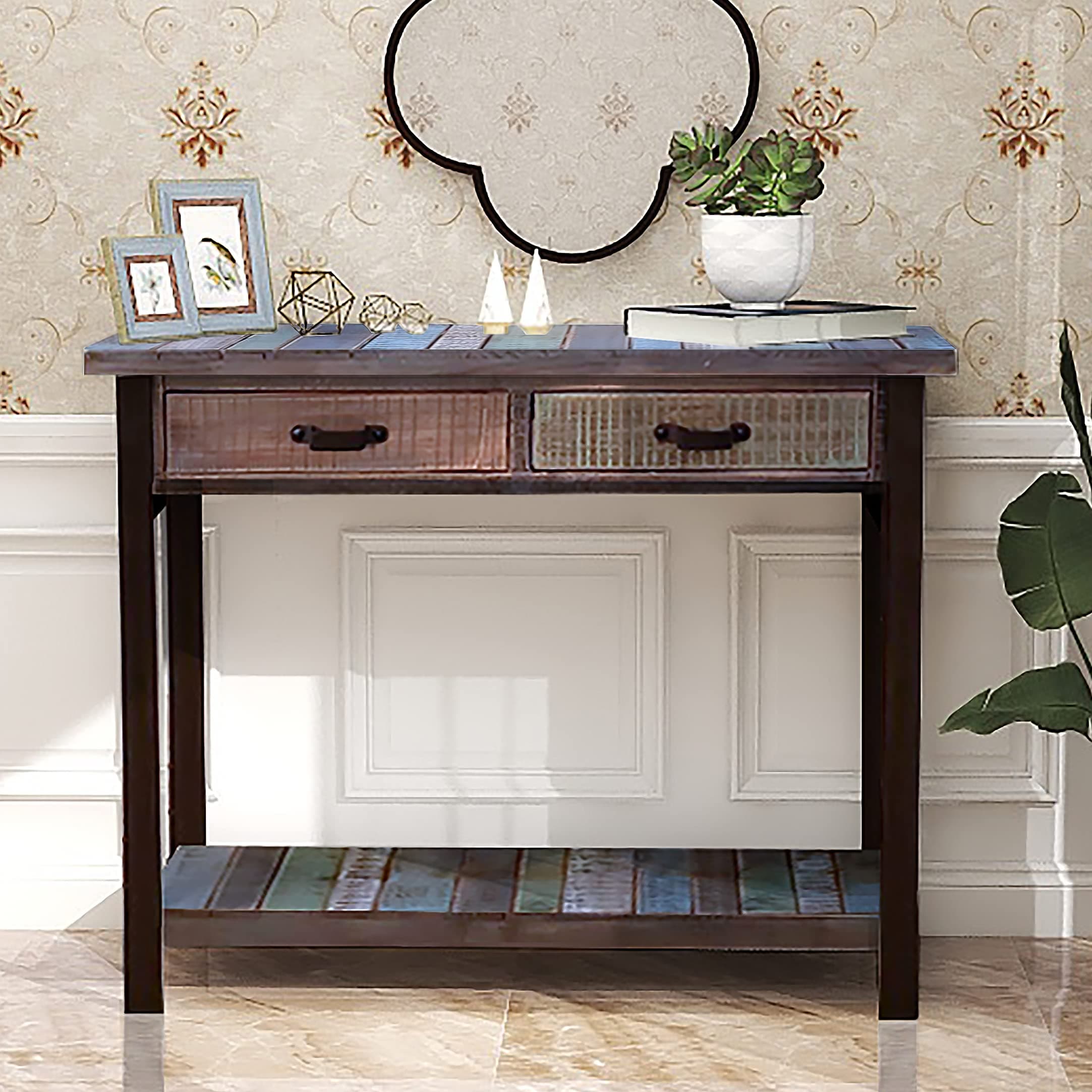 RANDEFURN Console Table with Drawers, Solid Wood Sofa Table 35x12x31.5 inches,Console Tables for Entryway,Teal Accent Table