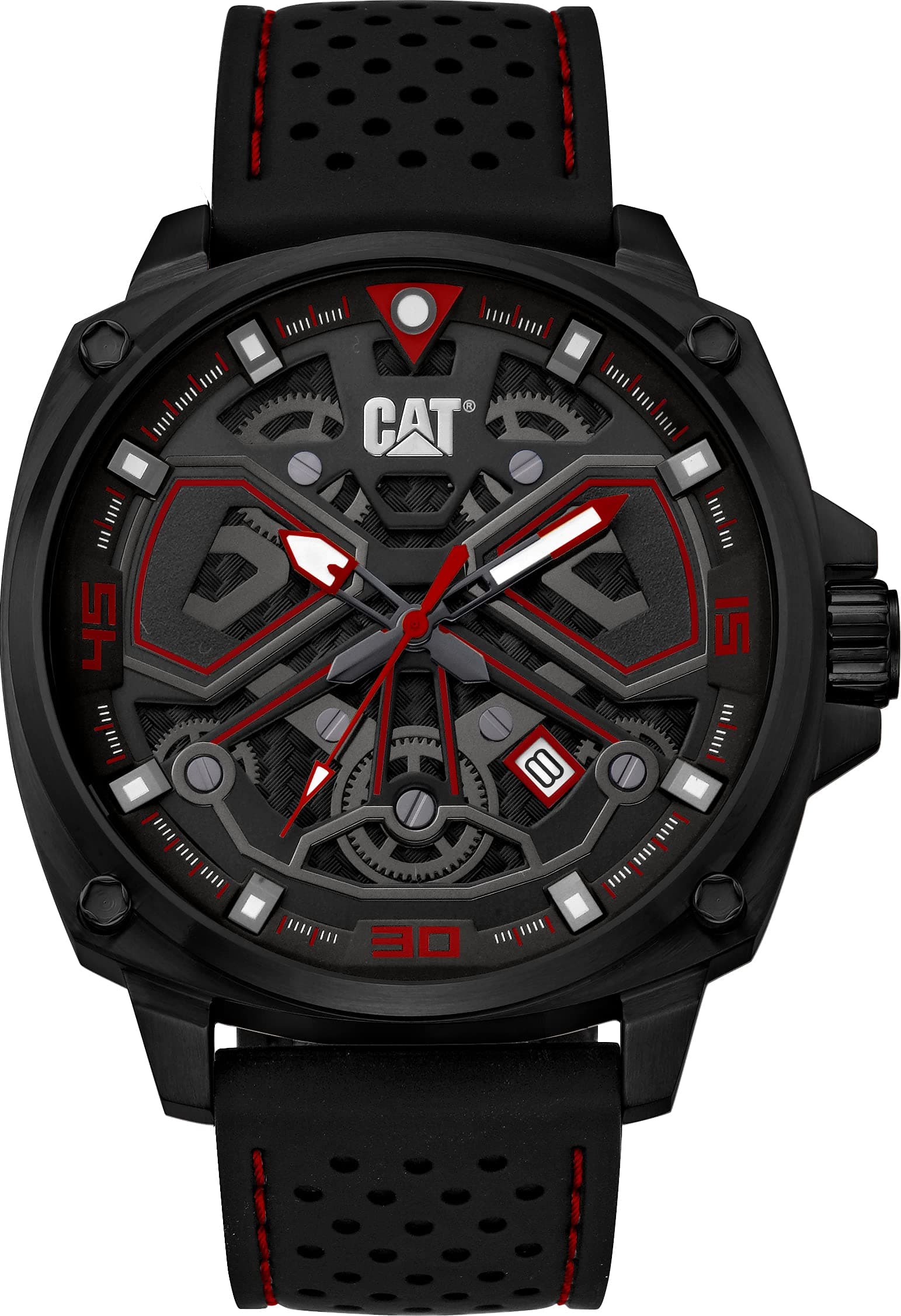 CAT 'Tokyo' Men Analog Watch, 44Mm Case, Black Face, Stainless Steel Case, Silicone Strap, Black/Red Dial (AJ.161.21.128)