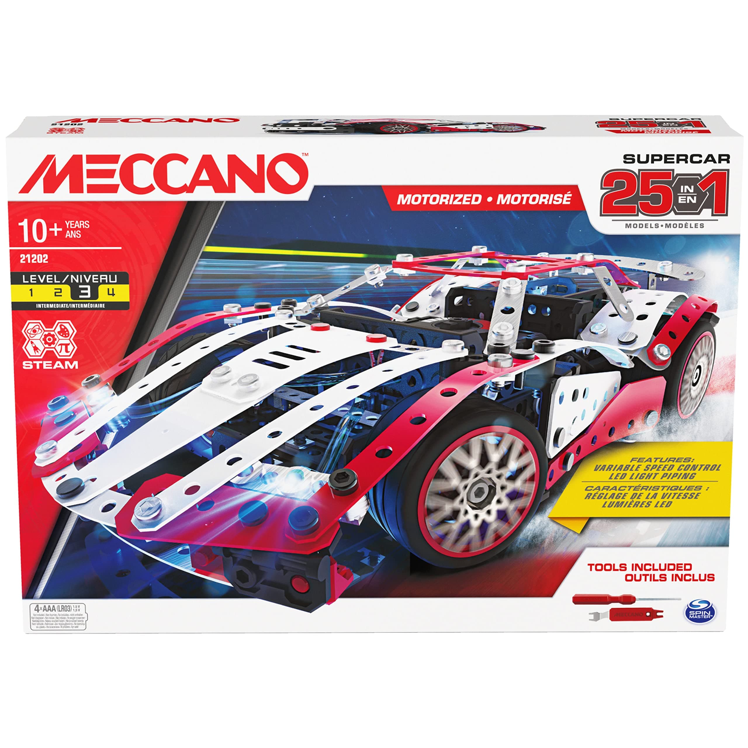 MECCANO, 25-in-1 Motorized Supercar STEM Model Building Kit with 347 Parts, Real Tools and Working Lights, Kids Toys for Ages 10 and Up