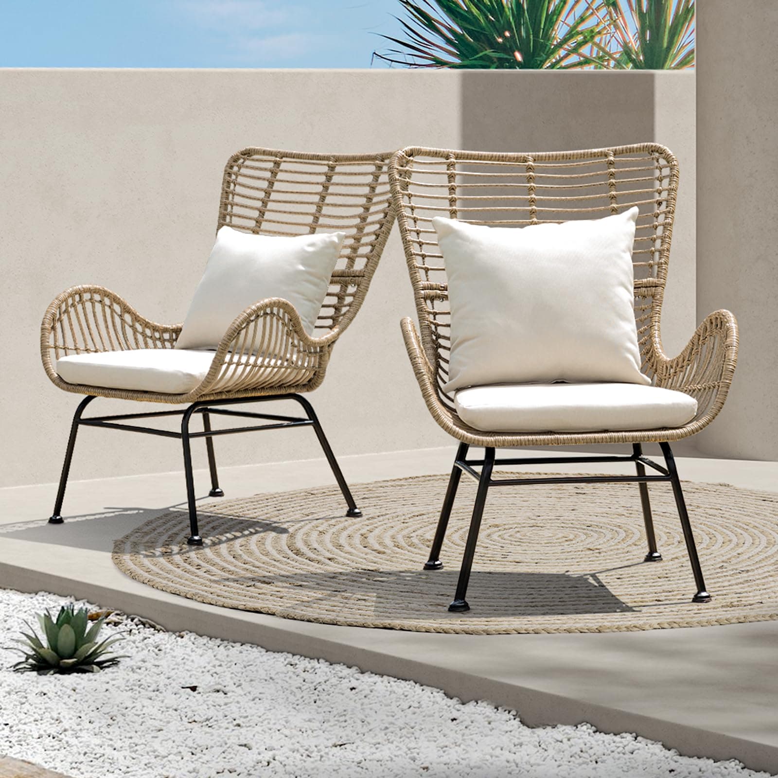 Isabelle Wicker Chairs Set of 2, 2000 Hours UV Wicker Rattan Chair, 500lbs Capacity Boho Patio Chairs with Thick Olefin Cushions and Pillows for Patio, Indoor Use