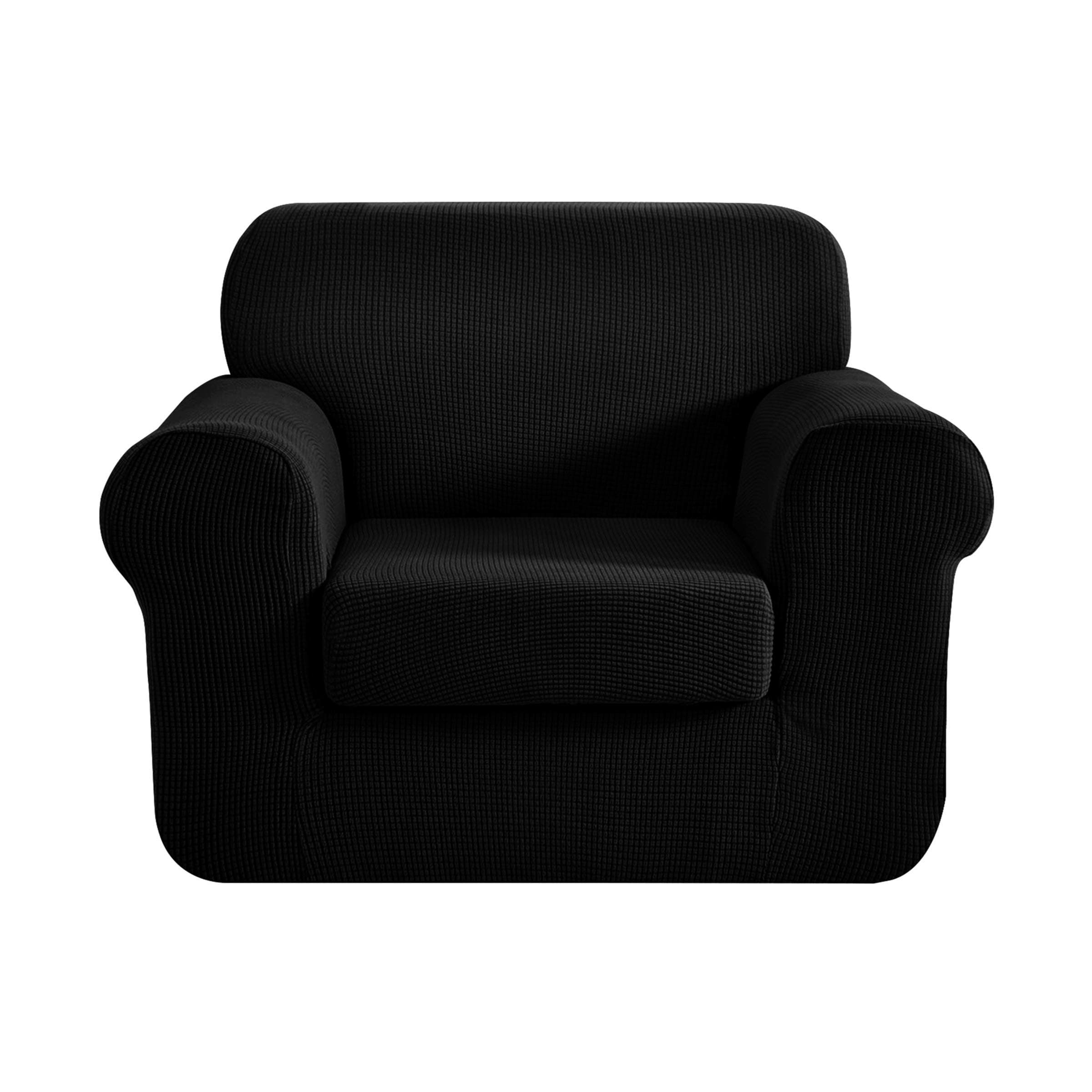 CHUN YI 2 Piece Jacquard Sofa Covers Stretch Fabric Settee cover Furniture Protector for Chair, 1 Seater Sofa Slipcover with Elastic Bottom, Checks Durable Spandex Fabric (Chair, Black)