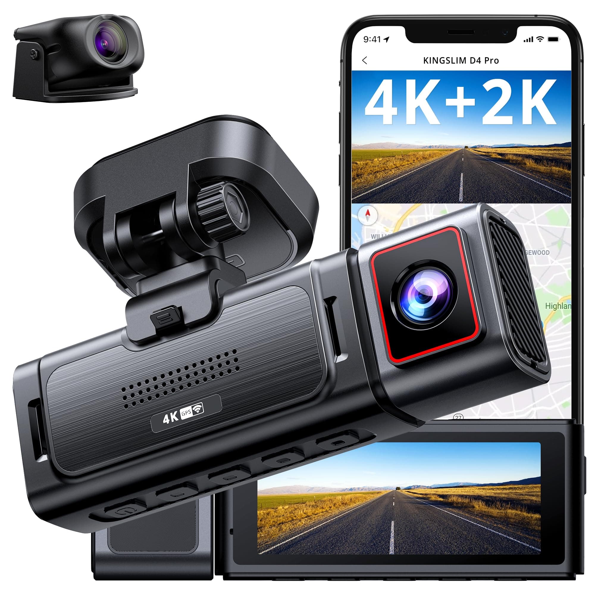 Kingslim D4PRO Dash Cam Front and Rear - 4K + 2K Dual Car Dashcam with WiFi GPS Dash Camera, Optional Inside Recording, Voice Control, Type C, Support 256GB Max