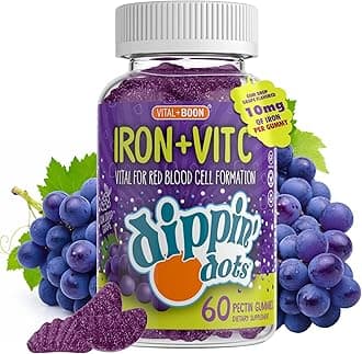 Iron with Vitamin C & B12 Gummies (60 Count) Vital for Red Blood Cell Formation | Gum Drop Grape Real Pectin Fruit Chew Supplements | Vegan, Non-GMO, Gluten Free & Gelatin Free