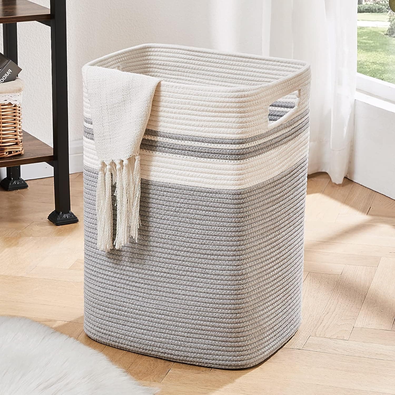 BOBBYQ Laundry Hamper-Laundry Baskets, Tall Cotton Decorative Blanket Storage Basket with Handles for Living room,Collapsible Large Basket for Toys,Pillows,Clothes Organizer-16x13x22in-Gray