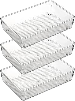 ihomecooker 3 Set Clear Plastic Junk Drawer Organizer Vanity Curlery Utensil Makeups Organizer for Kitchen 6" X9''