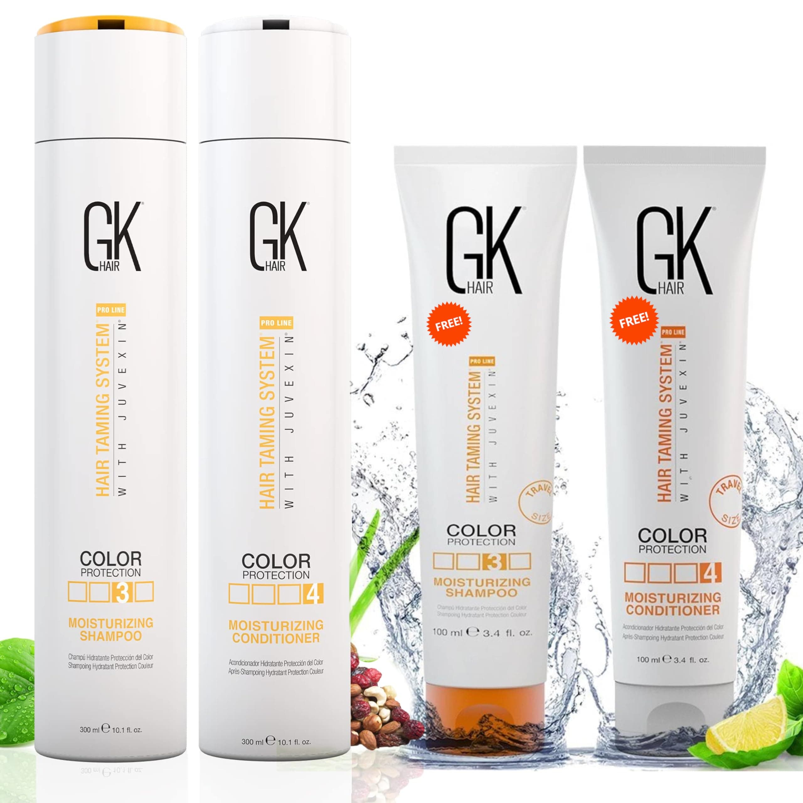 GK HAIR Global Keratin Moisturizing Shampoo Conditioner Duo 10.1 fl oz and 3.4 fl oz Set of 4 Kit for Unmanageable Hairs