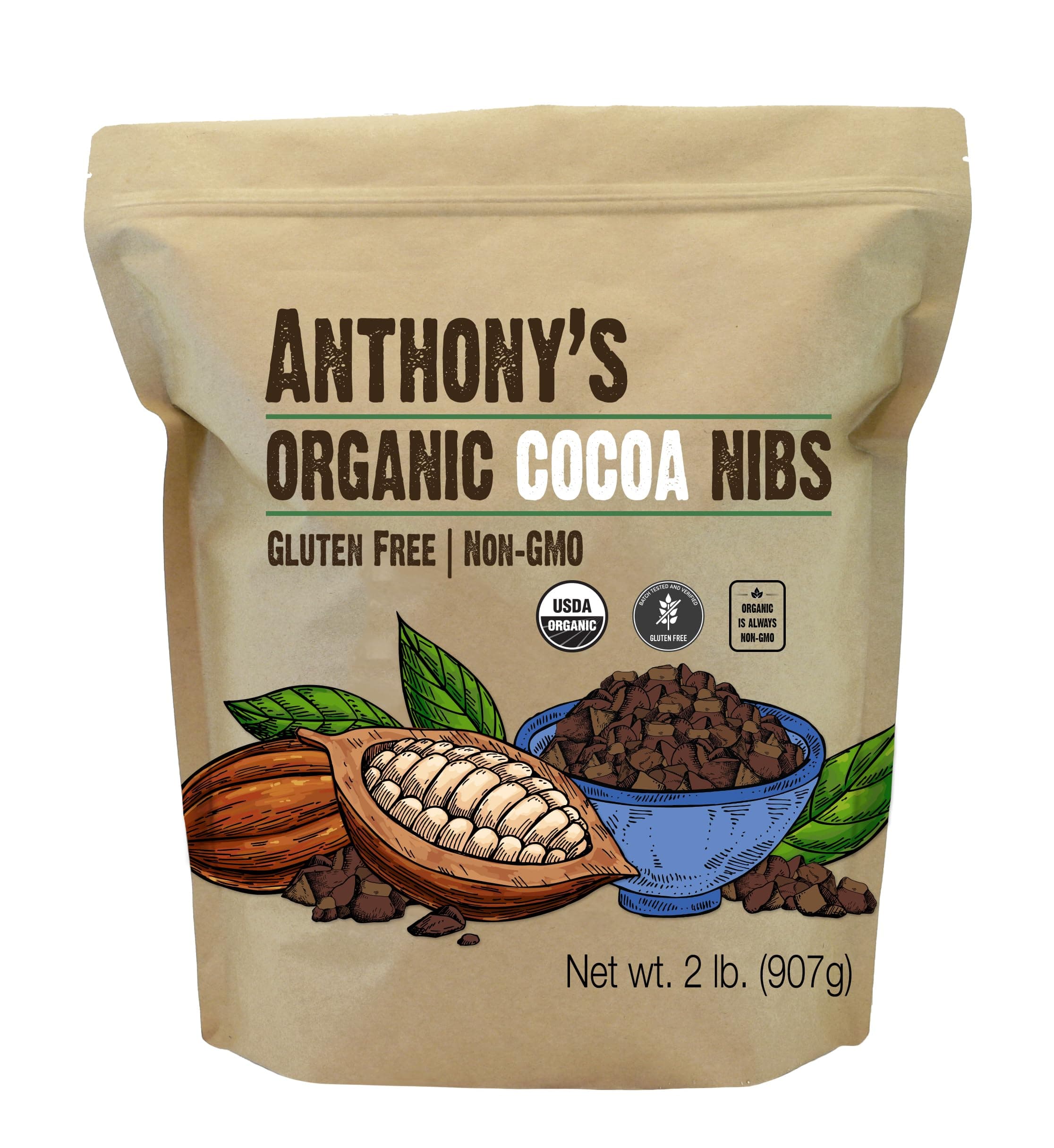 Organic Cacao Cocoa Nibs, 2 lb, Batch Tested and Verified Gluten Free