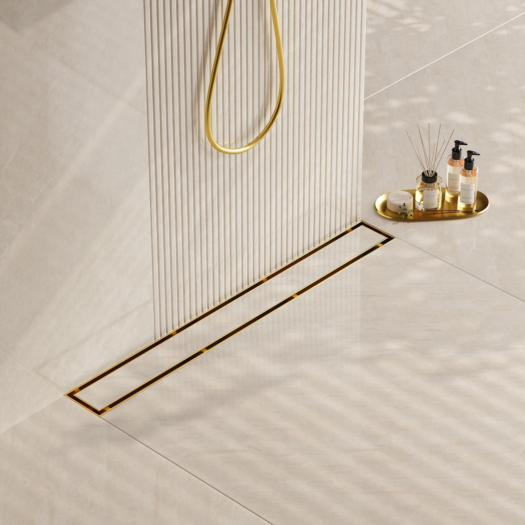 Neodrain 30-Inch Gold Linear Shower Drain, 2-in-1 Flat & Tile Insert Cover, Stainless Steel Linear Drain, Brushed Brass Rectangle Shower Floor Drain with Hair Strainer, Watermark&CUPC Certified