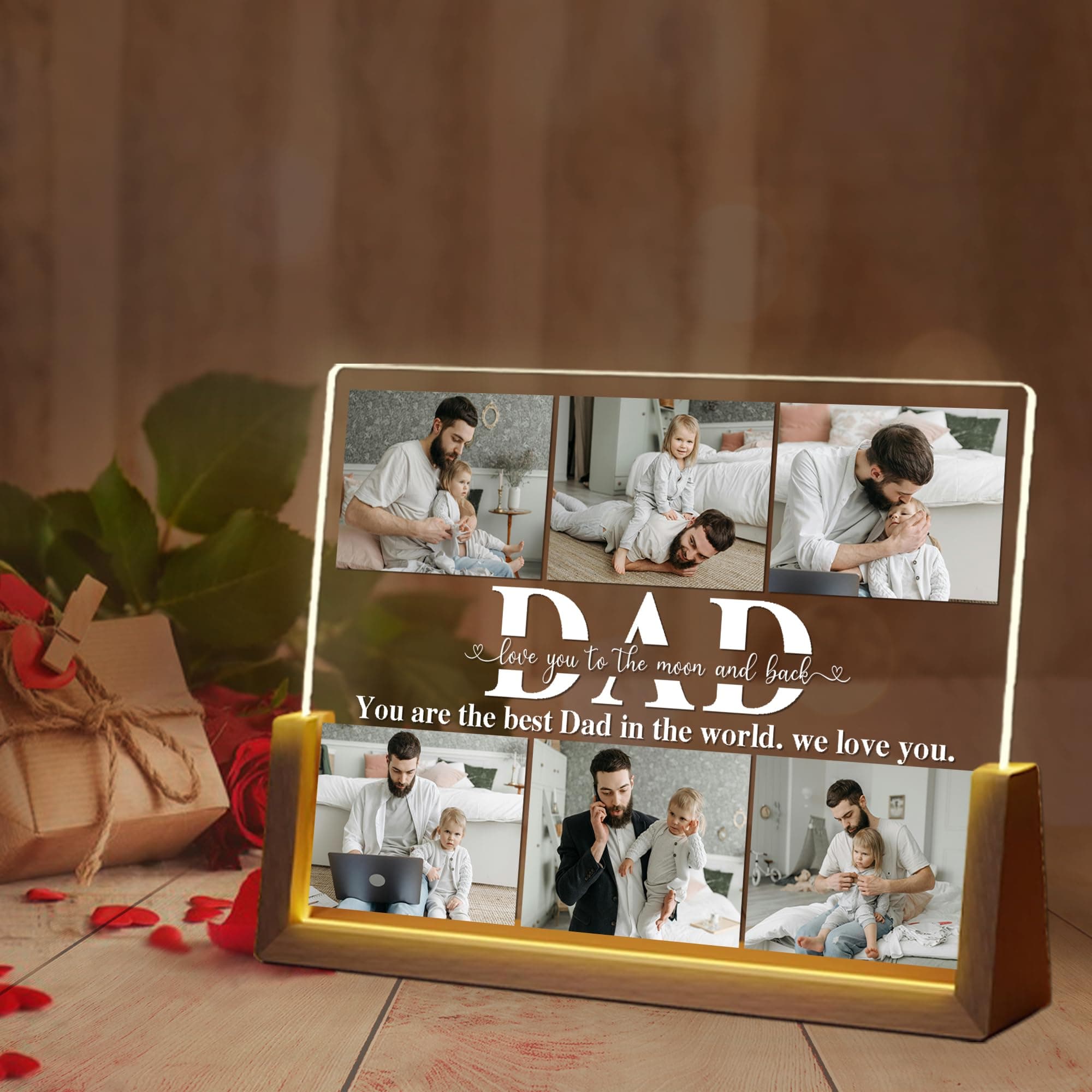 Ship Next Day Personalized Father's Day Gifts for Dad, Custom Acrylic light Up Plaque with Photos, Birthday Gifts for Dad from Daughter Wife, Customized Acrylic Plaque Printed Walnut Picture Frame