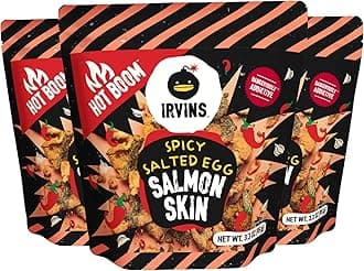 Hot Boom Spicy Salted Egg Salmon Skin Chips & Crisps – Premium Hand Cooked, Halal, Keto-Friendly, High Protein Snack, Dangerously Addictive, Real Salted Egg, Spicy, (3.3 oz, Pack of 3)