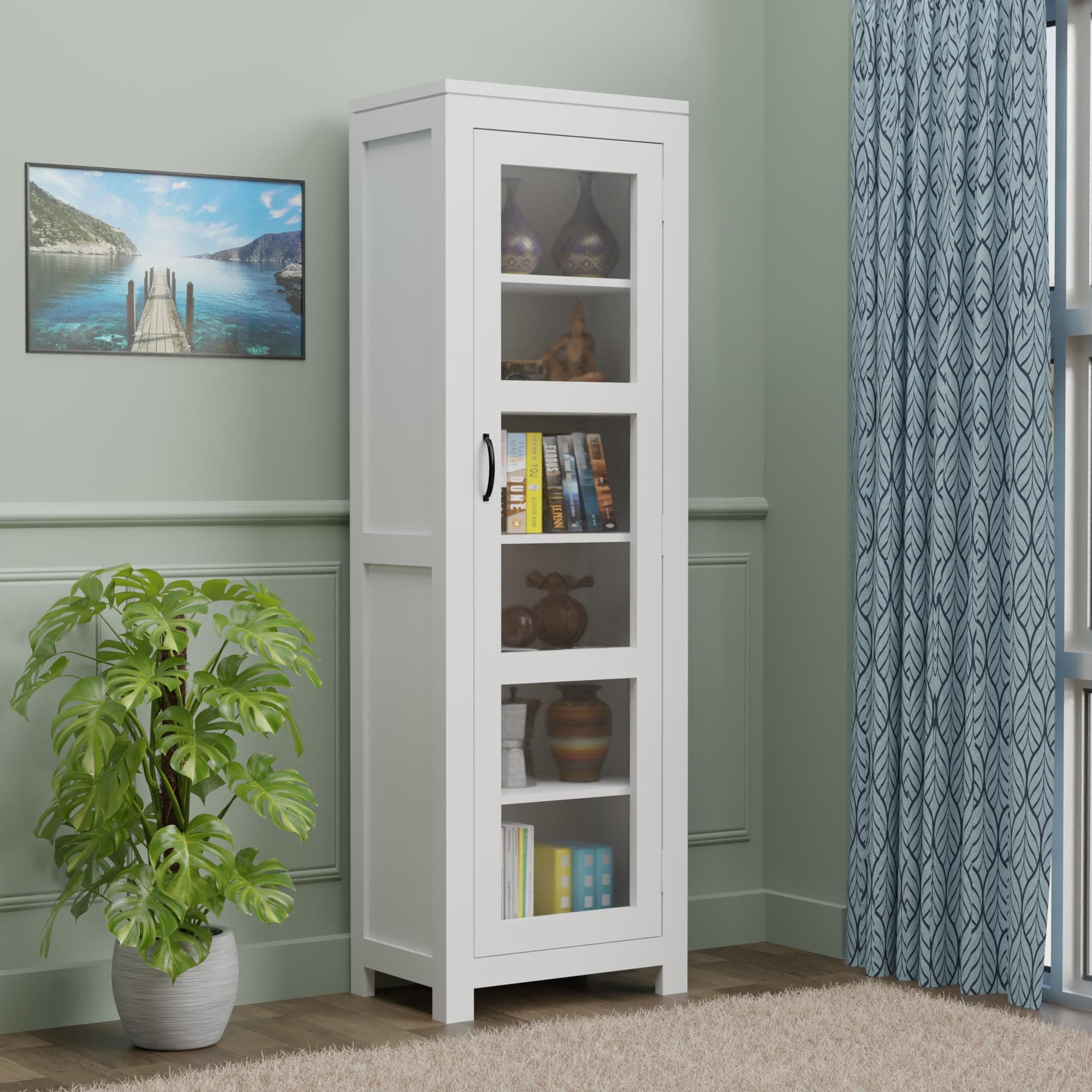 Solid Sheesham Wood Deco White Book Shelf, Showcase Glass Door Crockery Storage Unit Or Bookcase, 6-Shelf Wooden Book Rack, Display Cabinet Furniture for Home, Kitchen & Library Areas