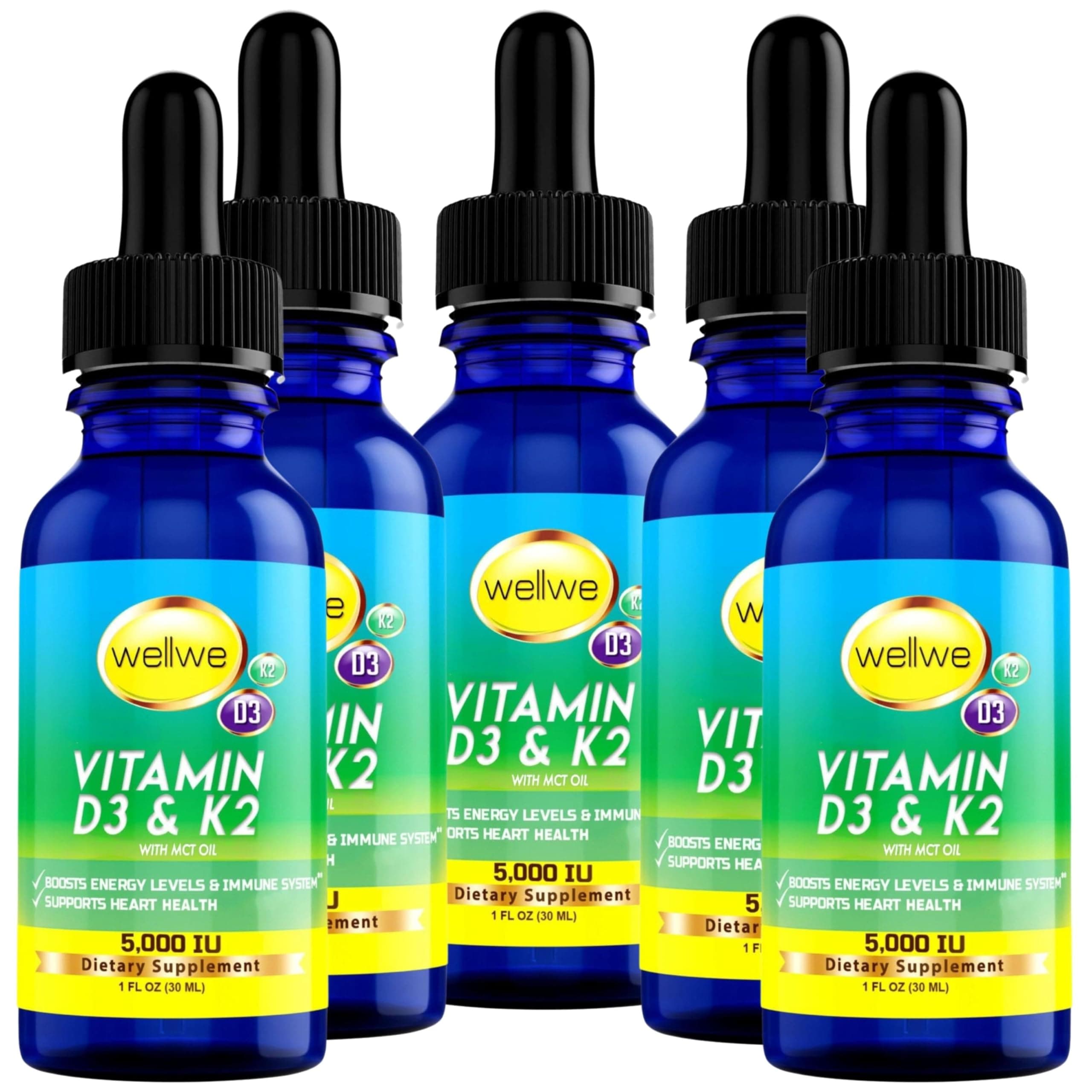 Liquid Vitamin D3 K2 Drops 5000 IU - No Taste, No Odor, Soy-Free, Gluten Free, Non-GMO, 1000 IU per Drop, Boosts Energy Levels & Immune System, Supports Heart Health (5 Pack)