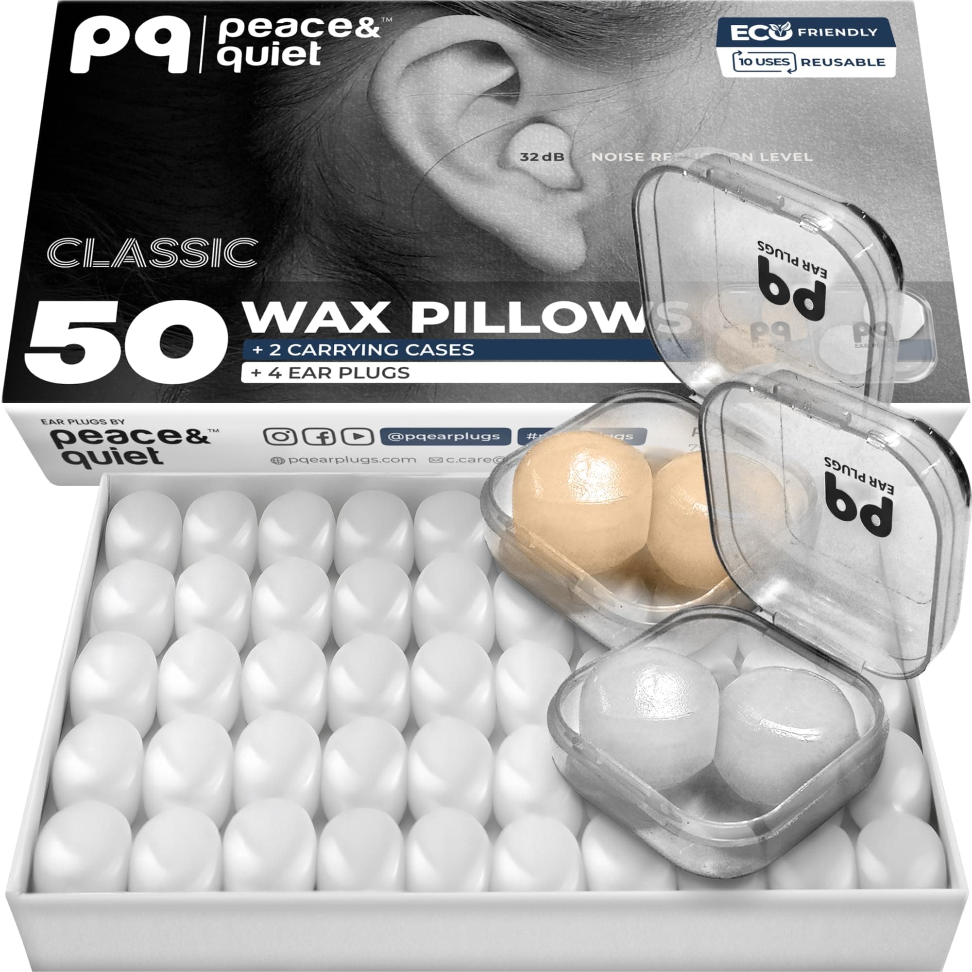 PQ Silicone Ear Plugs for Sleeping - 50 Silicone Earplugs for Sleeping and Swimming - Noise Cancelling and Ear Protection with Gel Earplugs - Sound Insulation Level 32 dB Sleep Earplugs, 50 Pillows