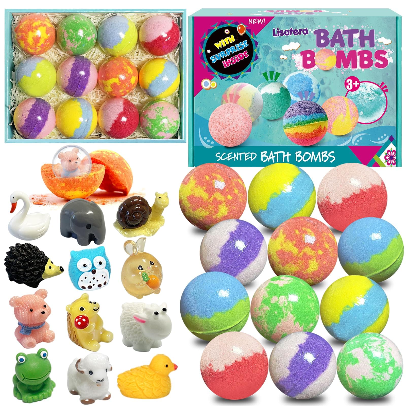 Bath Bombs for Kids, 12 Pieces Bath Bombs with Surprise Toys Inside Natural Organic Colorful Bubble Fizz Bomb for Kids Gift Set for Birthday Halloween